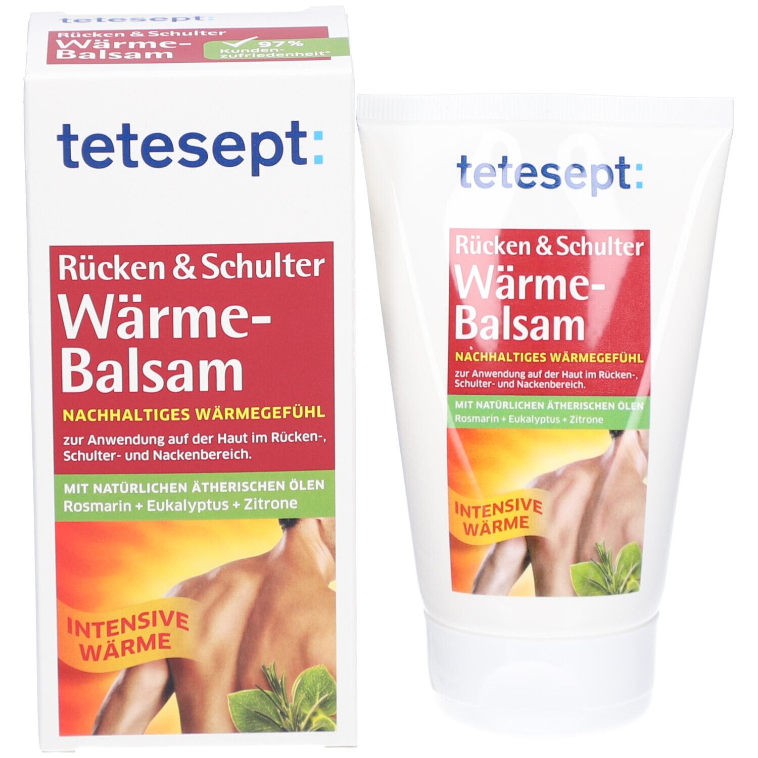 Produkt und Verpackung. Tube und Karton. Text: Rücken & Schulter Wärme-Balsam. Marke: tetesept.