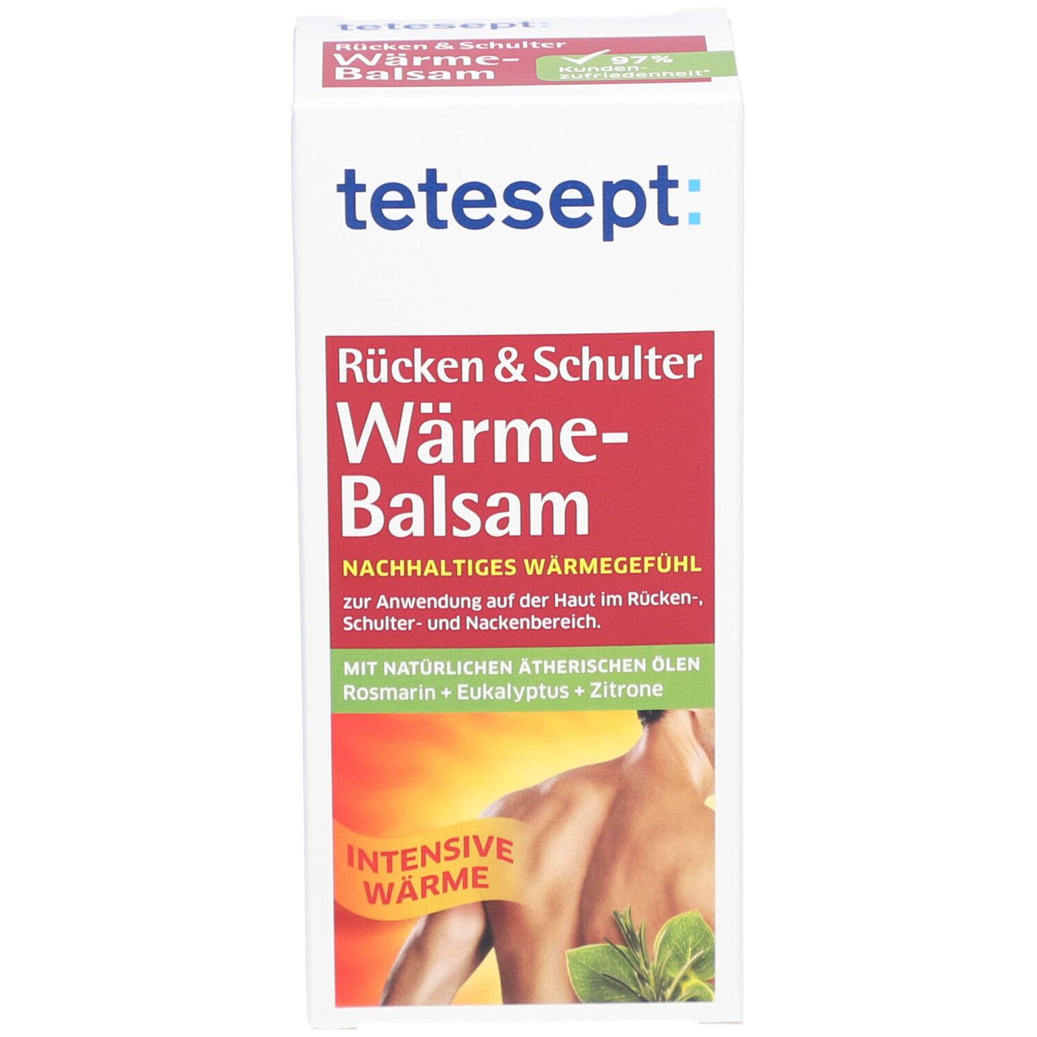 Karton mit Produktnamen und Logo. Text: Rücken & Schulter Wärme-Balsam. Marke: tetesept.
