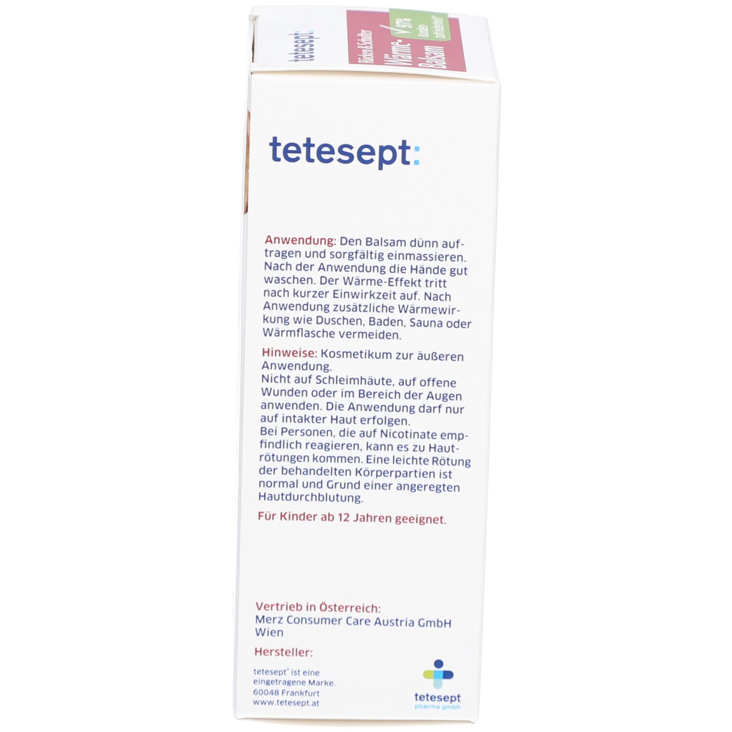 Karton, Rückseite. Text: Anwendungshinweise, Herstellerinformationen. Marke: tetesept.