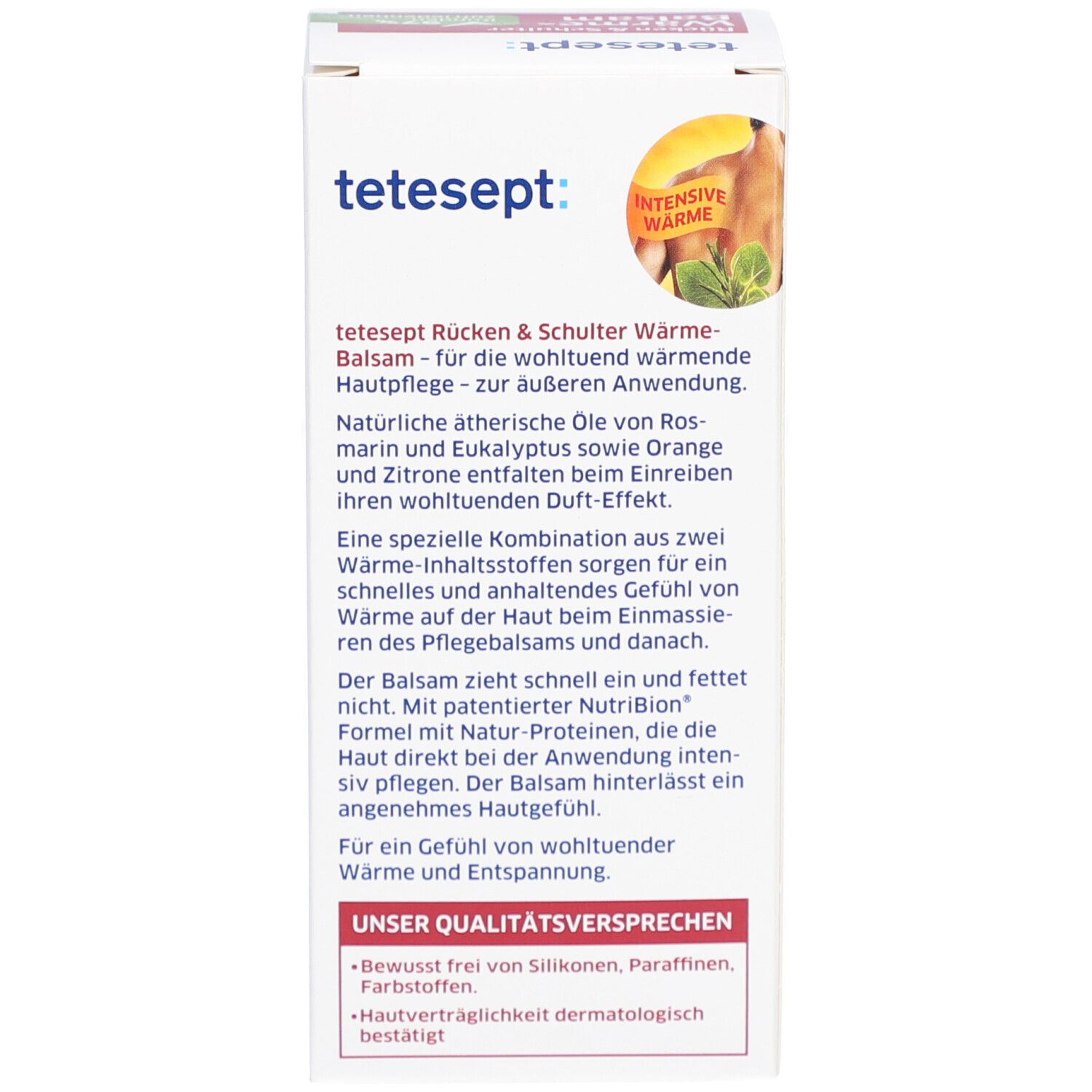 Karton, Seite. Text: Produktbeschreibung, Inhaltsstoffe, Marke: tetesept.