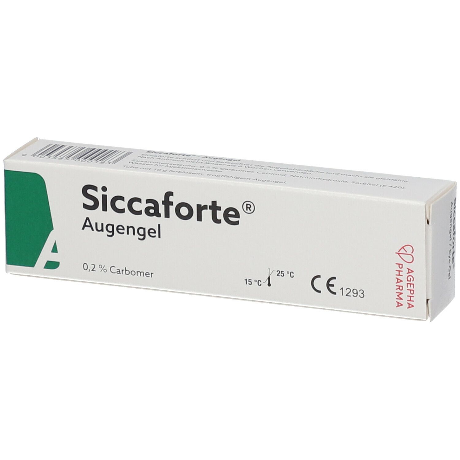 Weiße Schachtel Siccaforte® Augengel. Enthält 0,2% Carbomer. CE 1293. A. Pharma Logo. 15-25°C.