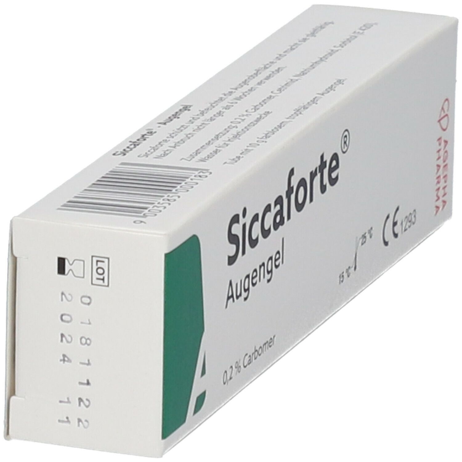 Schachtel Siccaforte® Augengel, 0,2% Carbomer. CE 1293. A. Pharma Logo. Chargennummer und Verfallsdatum.