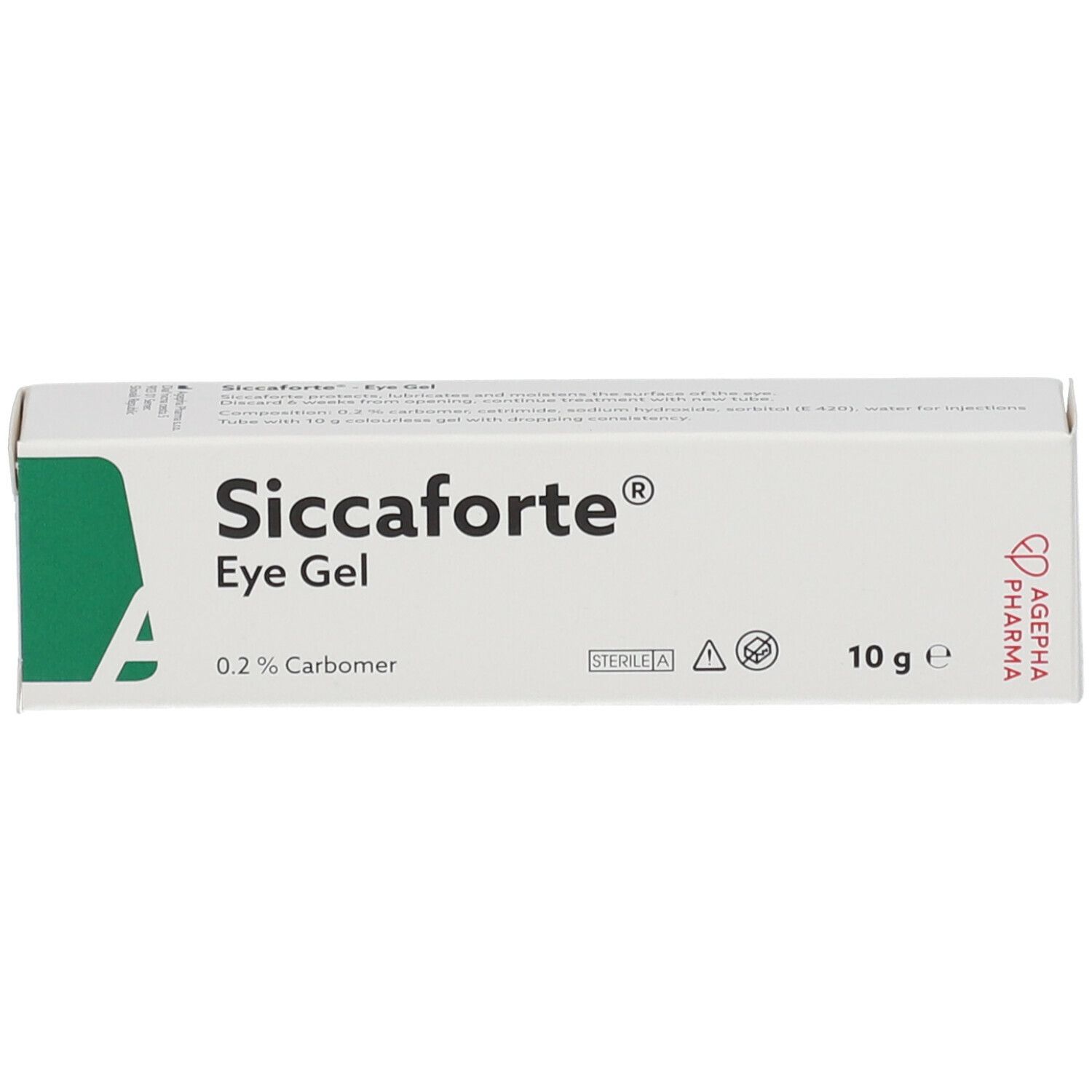 Weiße Schachtel Siccaforte® Eye Gel. Enthält 0,2% Carbomer. 10 g. A. Pharma Logo. Steril A.