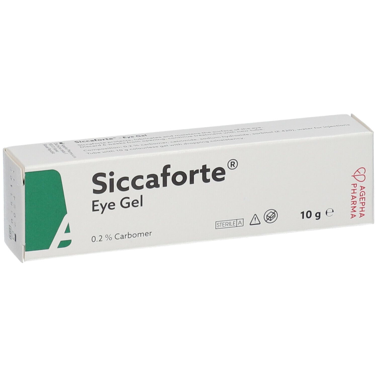 Weiße Schachtel Siccaforte® Eye Gel. Enthält 0,2% Carbomer. 10 g. A. Pharma Logo. Steril A.