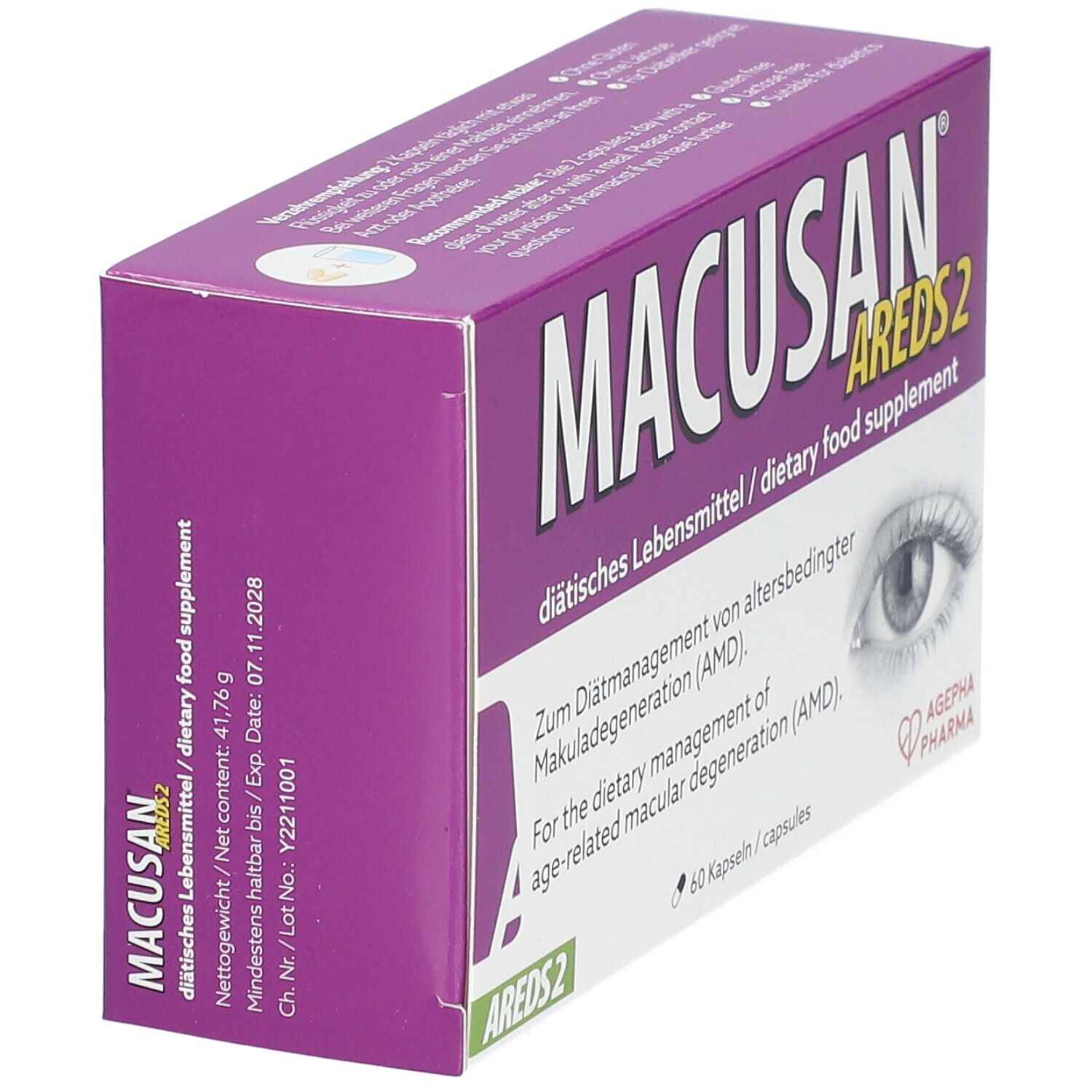Schachtel MACUSAN Areds 2, violett. Aufschrift: diätisches Lebensmittel. Darstellung eines Auges. 60 Kapseln.