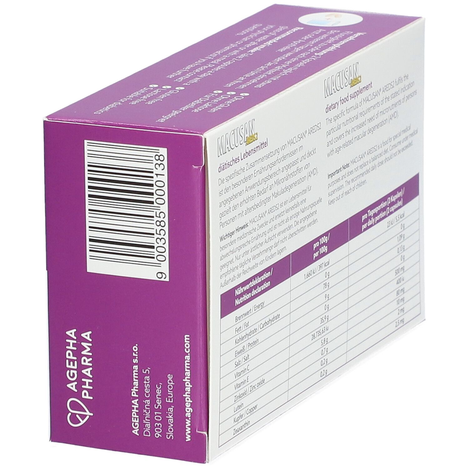 Seite der Schachtel MACUSAN Areds 2. Aufschrift: diätisches Lebensmittel. Barcode. Adresse des Herstellers.