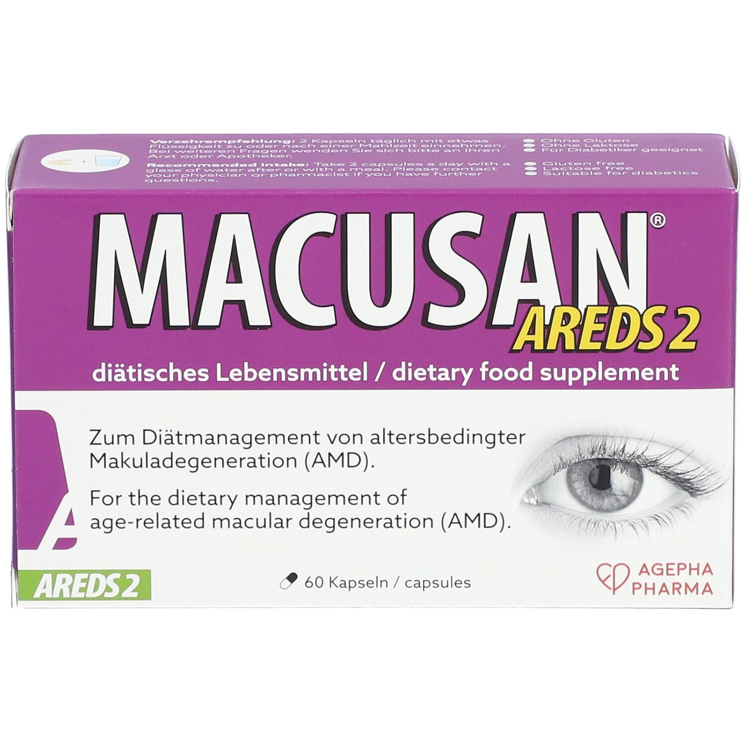 Violette Schachtel mit MACUSAN Areds 2. Aufschrift: diätisches Lebensmittel. Darstellung eines Auges. 60 Kapseln.