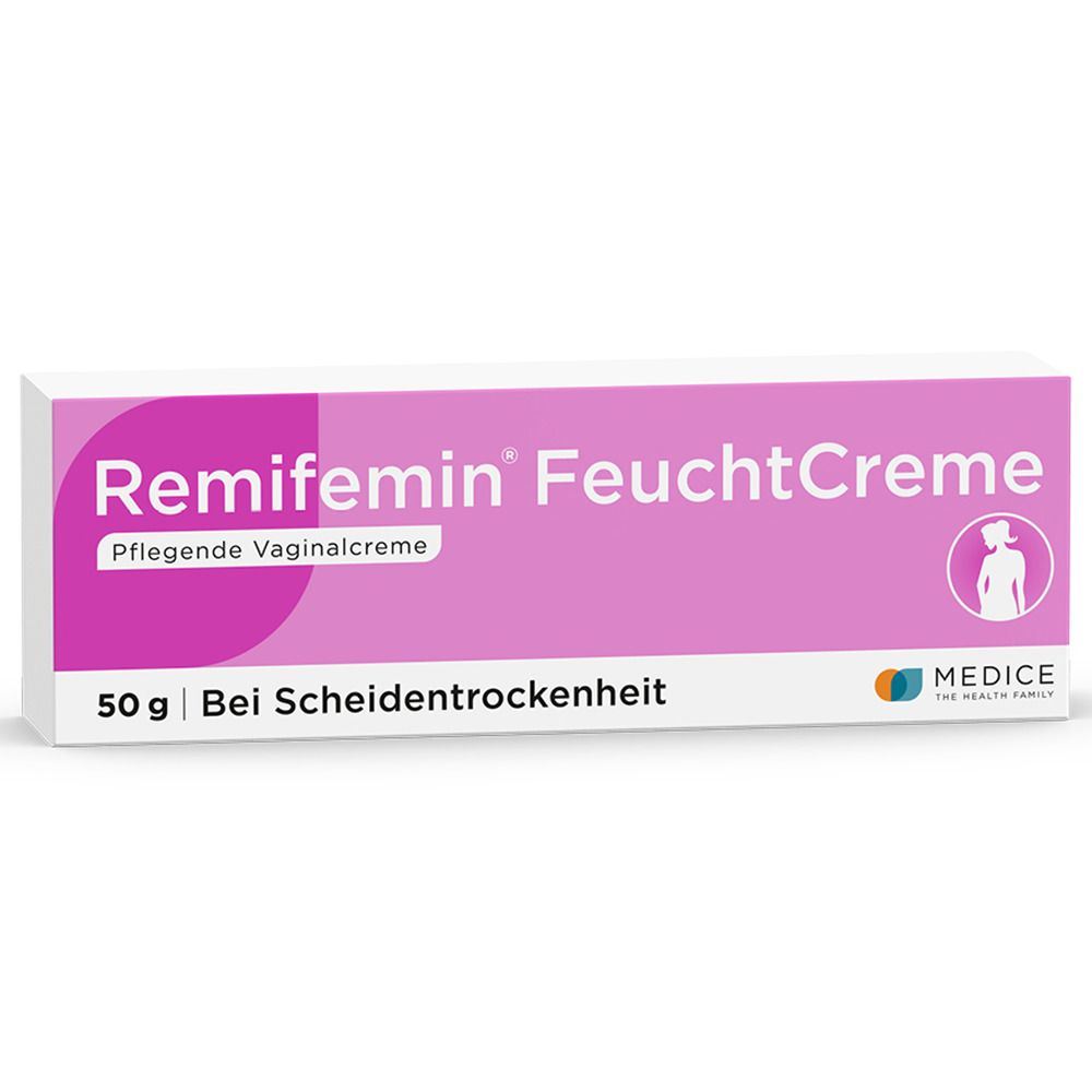 Rosa Schachtel mit Produktnamen Remifemin FeuchtCreme. Text: Pflegende Vaginalcreme, 50g, Bei Scheidentrockenheit. Logo: MEDICE.