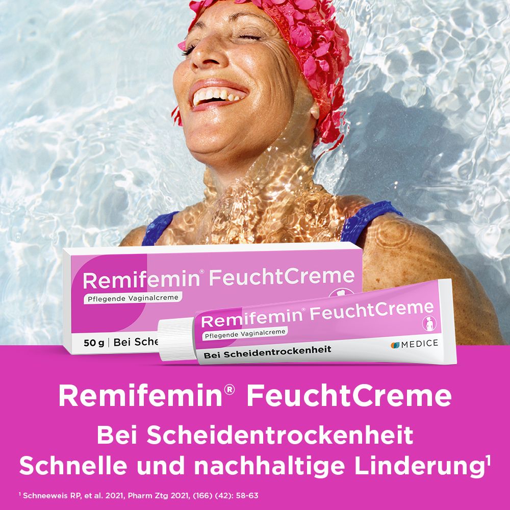 Frau im Wasser. Produktabbildung: Remifemin FeuchtCreme. Text: Schnelle und nachhaltige Linderung.