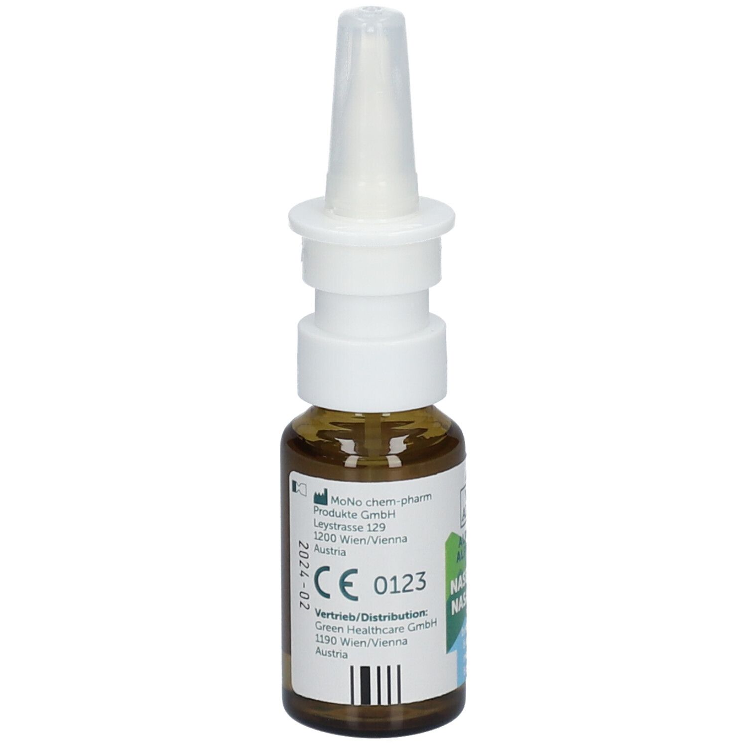 Braune Glasflasche mit weißem Sprühkopf. Aufschrift: VIS ALPIN, Nasenspray, Alpensalz, CE 0123, Vertrieb Green Healthcare.