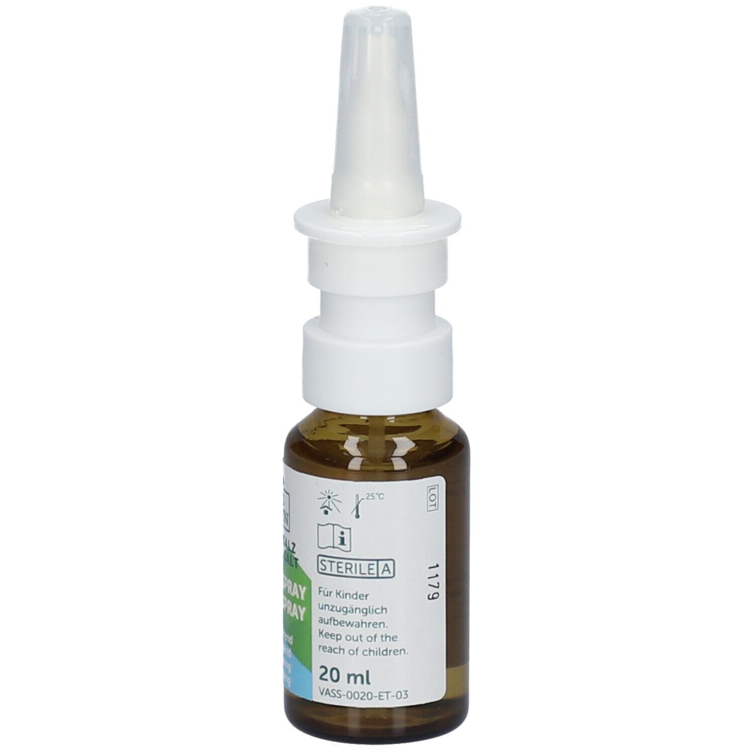 Braune Glasflasche mit weißem Sprühkopf. Aufschrift: VIS ALPIN, Nasenspray, Alpensalz, 20 ml, Steril A.