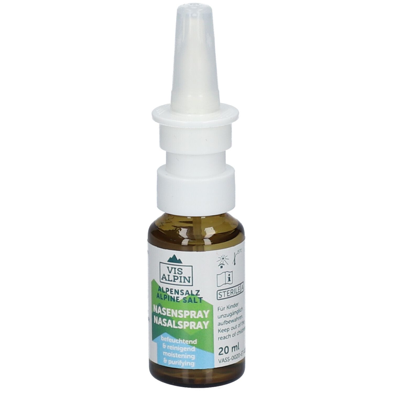 Braune Glasflasche mit weißem Sprühkopf. Aufschrift: VIS ALPIN, Nasenspray, Alpensalz, 20 ml, befeuchtend & reinigend.