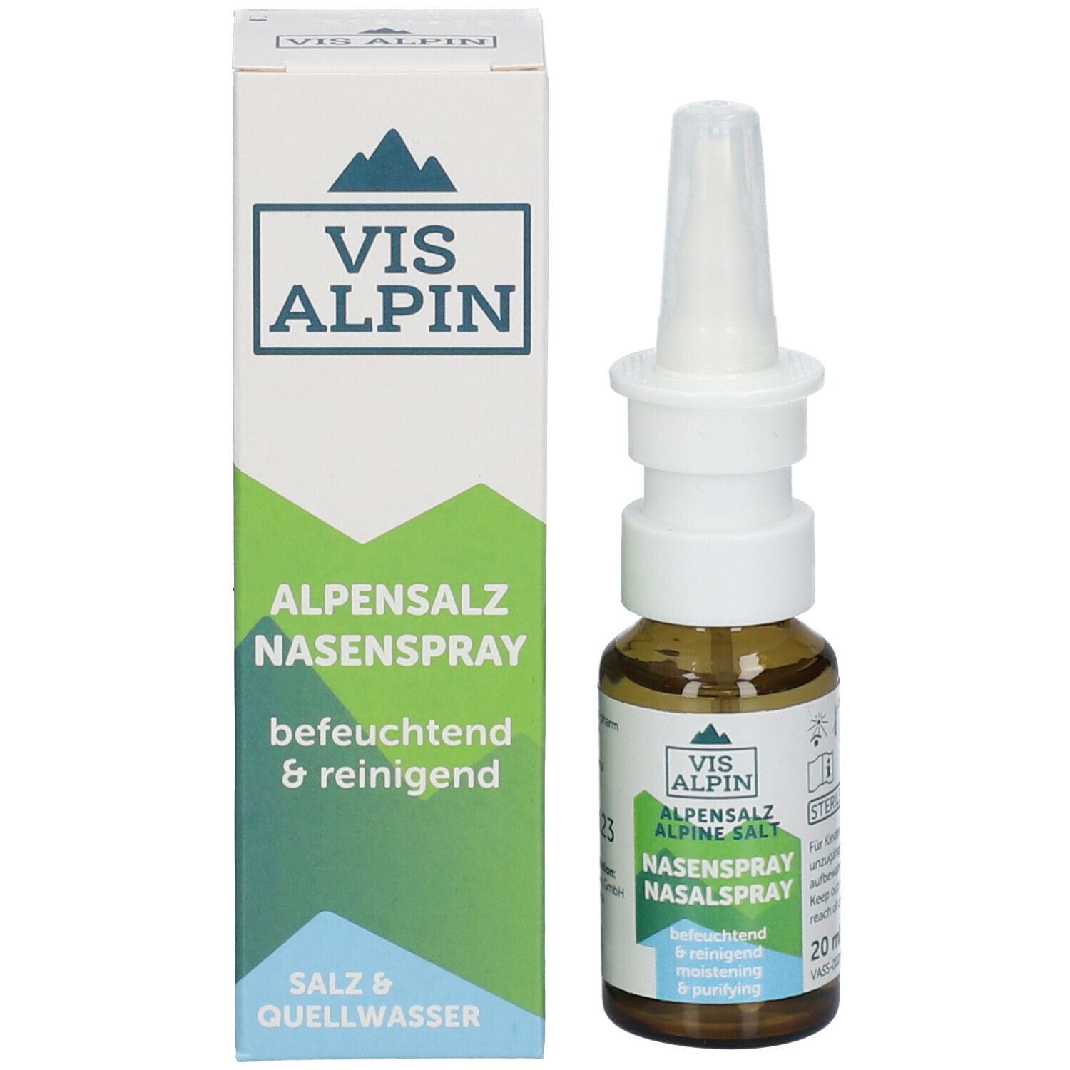 Produktverpackung und Flasche. Verpackung: weiß, grün, VIS ALPIN Logo. Flasche: braun, weißer Sprühkopf, Nasenspray.