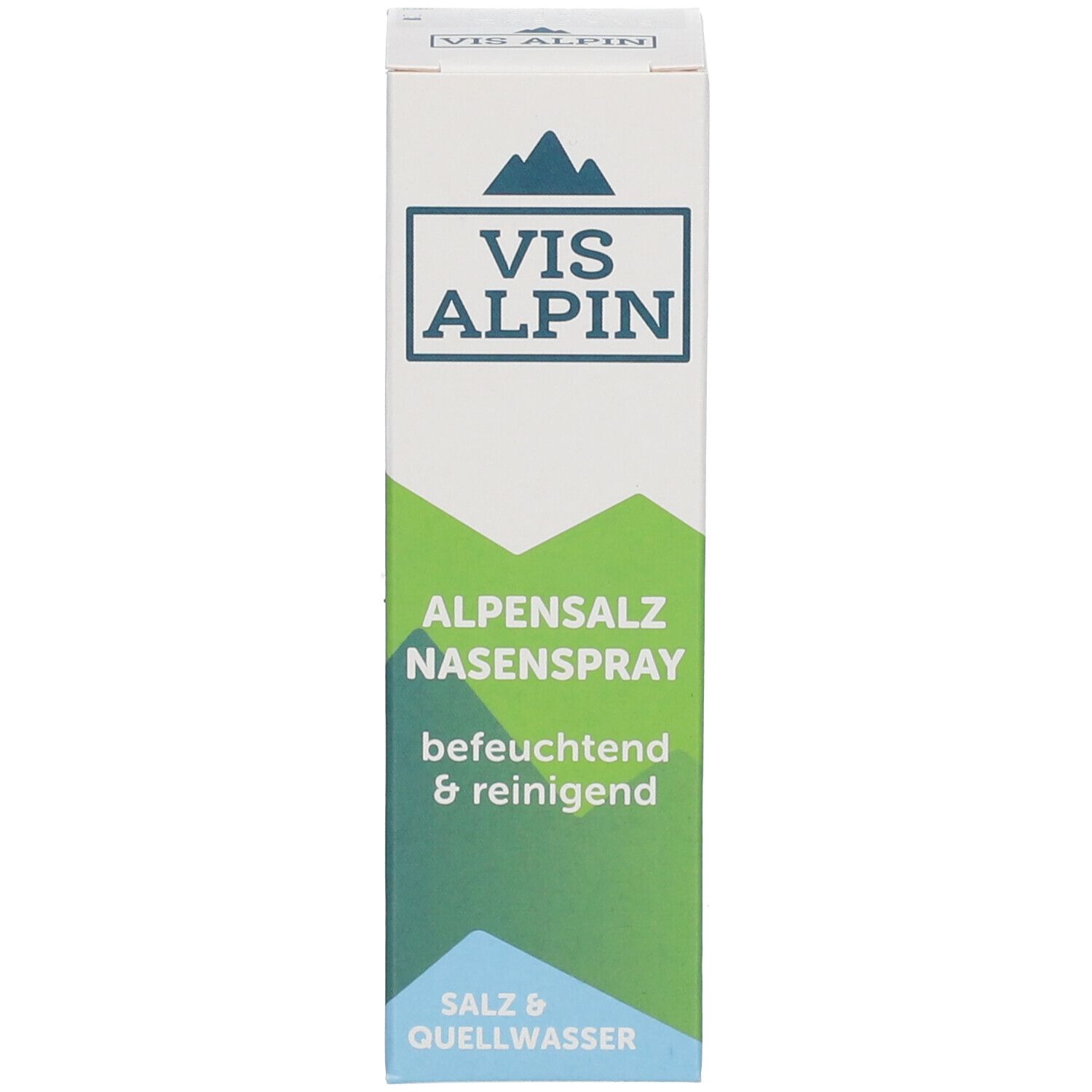Weiße Produktverpackung. Aufschrift: VIS ALPIN Logo, Alpensalz Nasenspray, befeuchtend & reinigend, Salz & Quellwasser.
