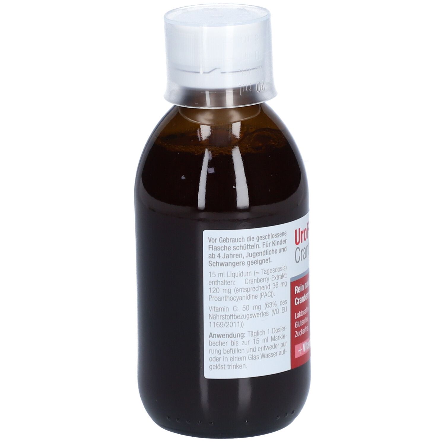 Braune Flasche mit weißem Deckel. Etikett mit Produktinformationen, Inhaltsstoffen und Anwendungshinweisen.