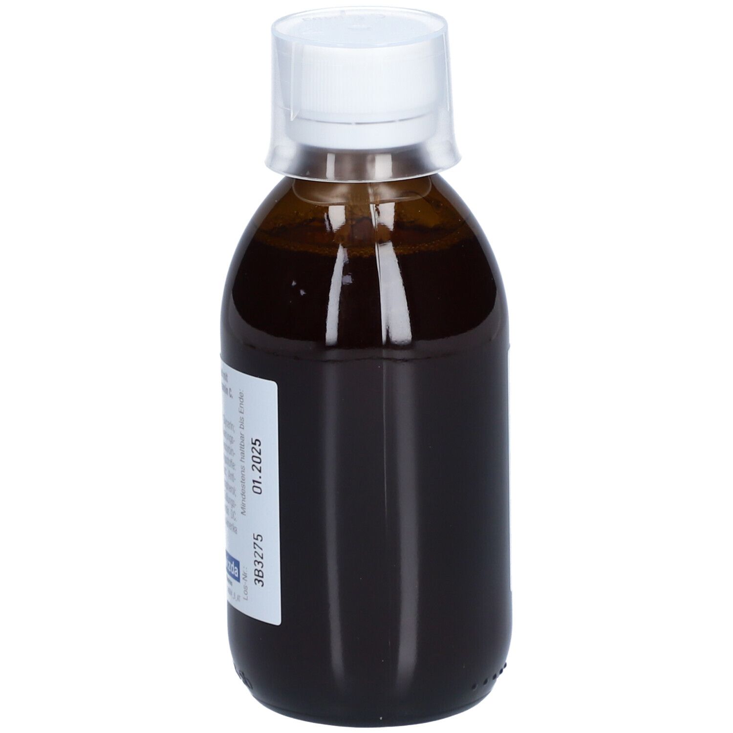 Braune Flasche mit weißem Deckel. Etikett mit Verfallsdatum und Chargennummer.