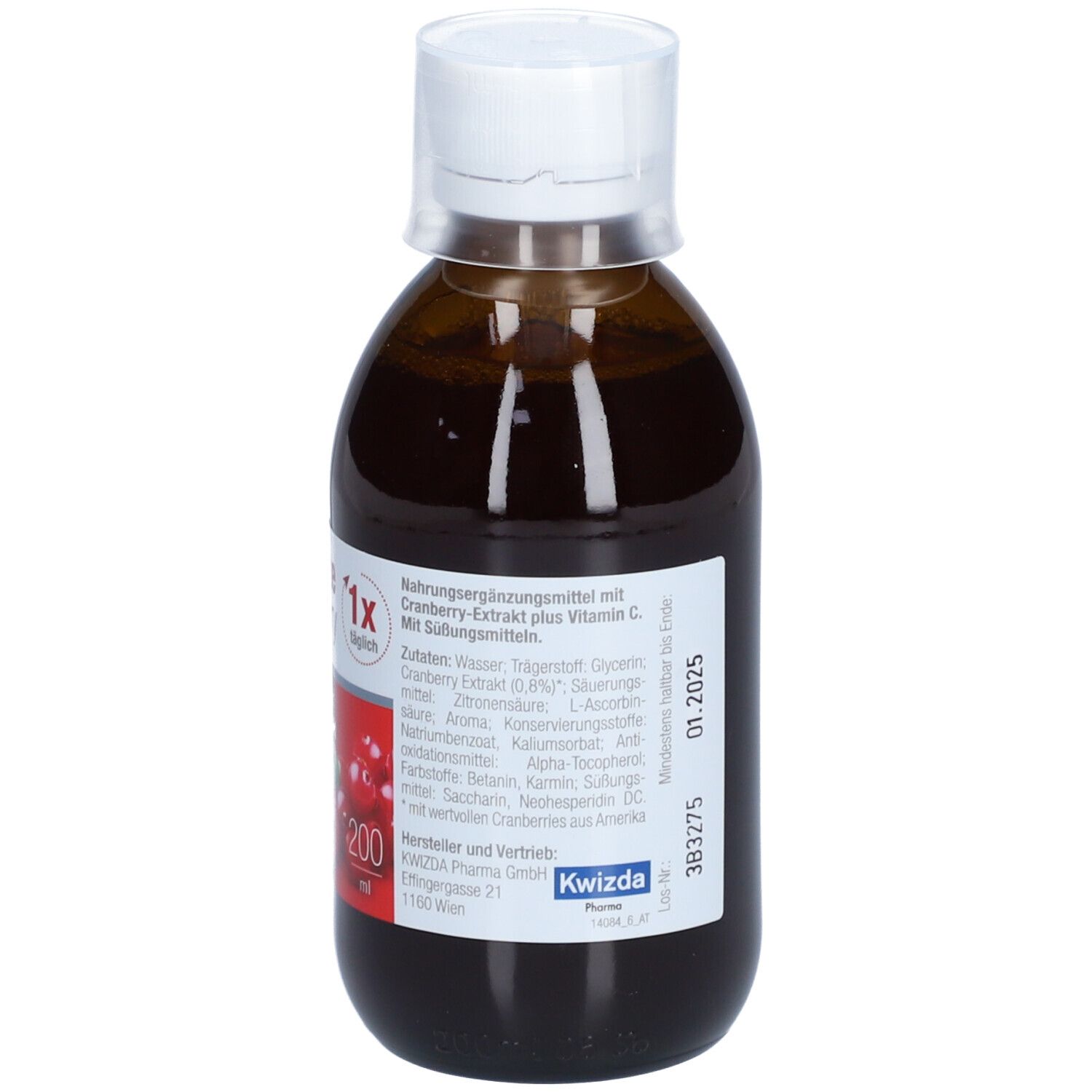 Braune Flasche mit weißem Deckel. Etikett mit Inhaltsstoffen, Herstellerinformationen und Verfallsdatum.