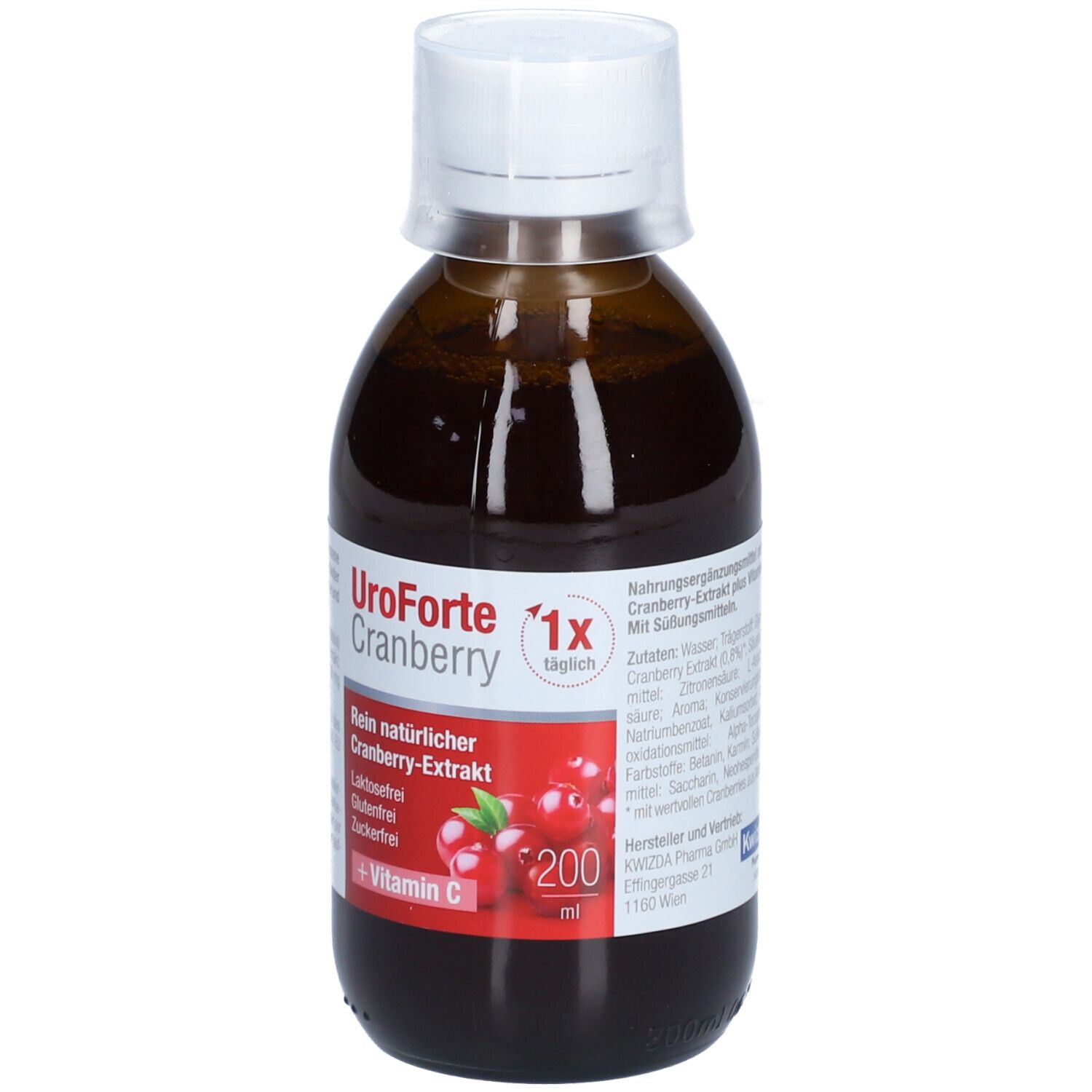 Braune Flasche mit weißem Deckel. Etikett mit Produktnamen, Cranberry-Abbildung und Inhaltsangaben. 200 ml.