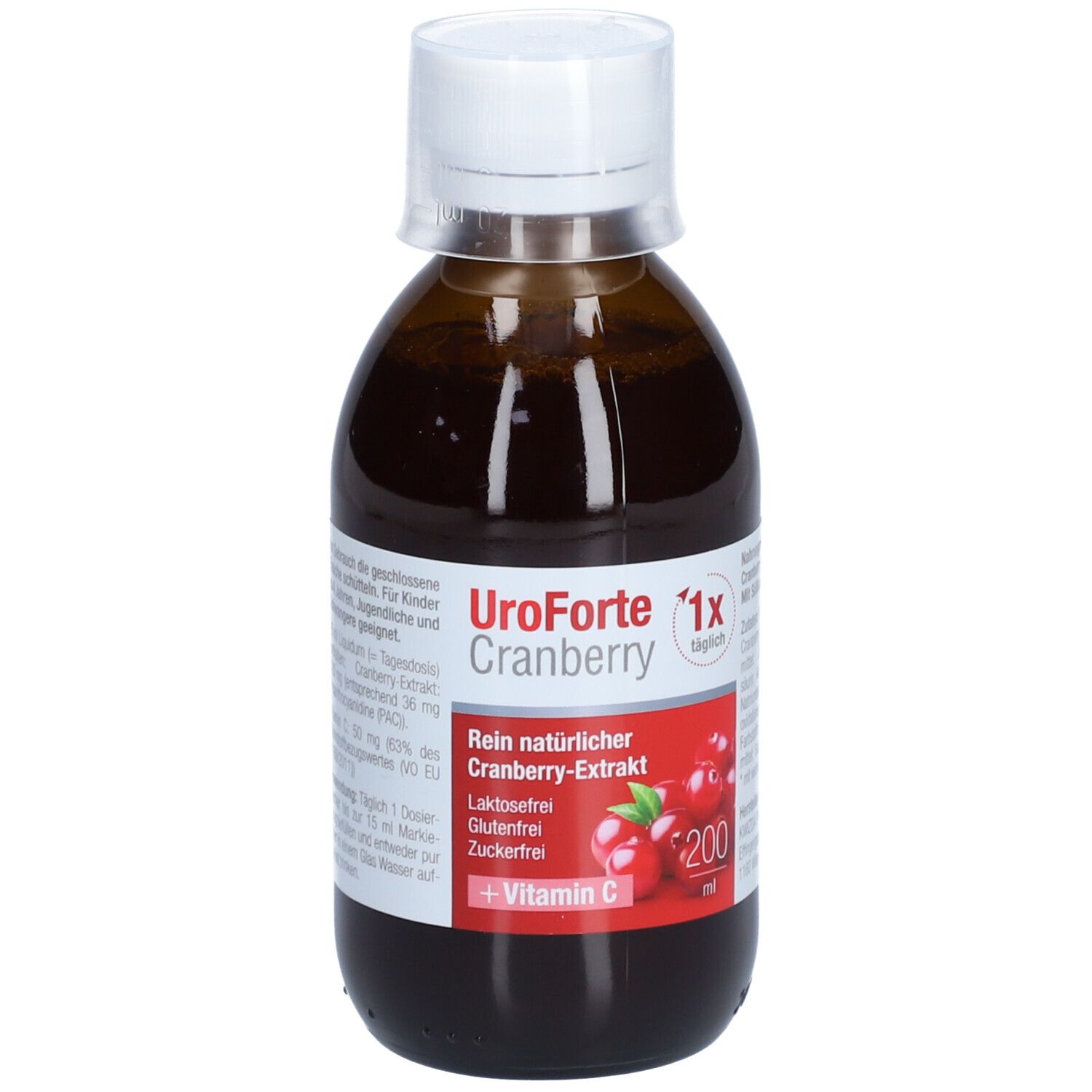 Braune Flasche mit weißem Deckel. Etikett mit Produktnamen, Cranberry-Abbildung und Inhaltsangaben. 200 ml.