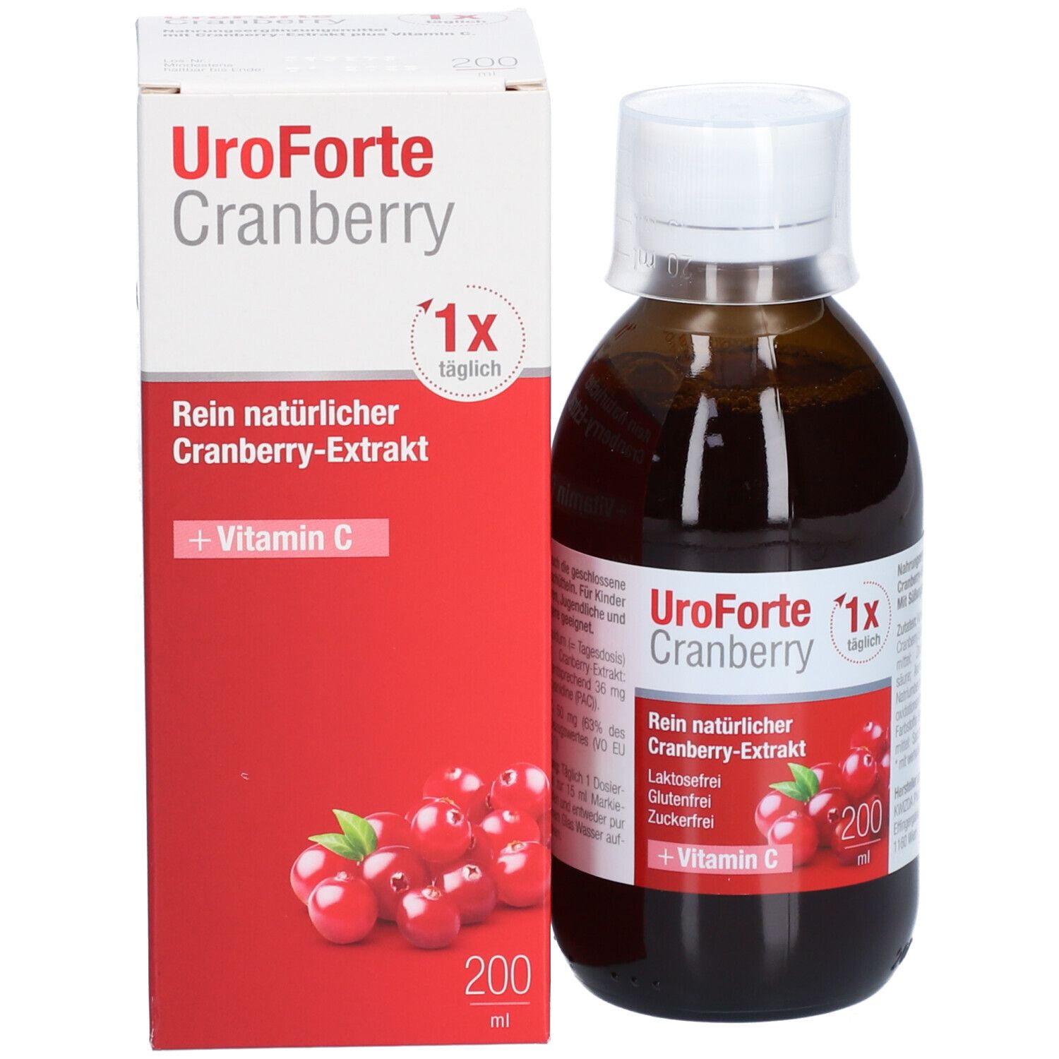 Produktflasche und Verpackung. Flasche mit weißem Deckel, Verpackung mit Produktnamen und Cranberry-Abbildung.