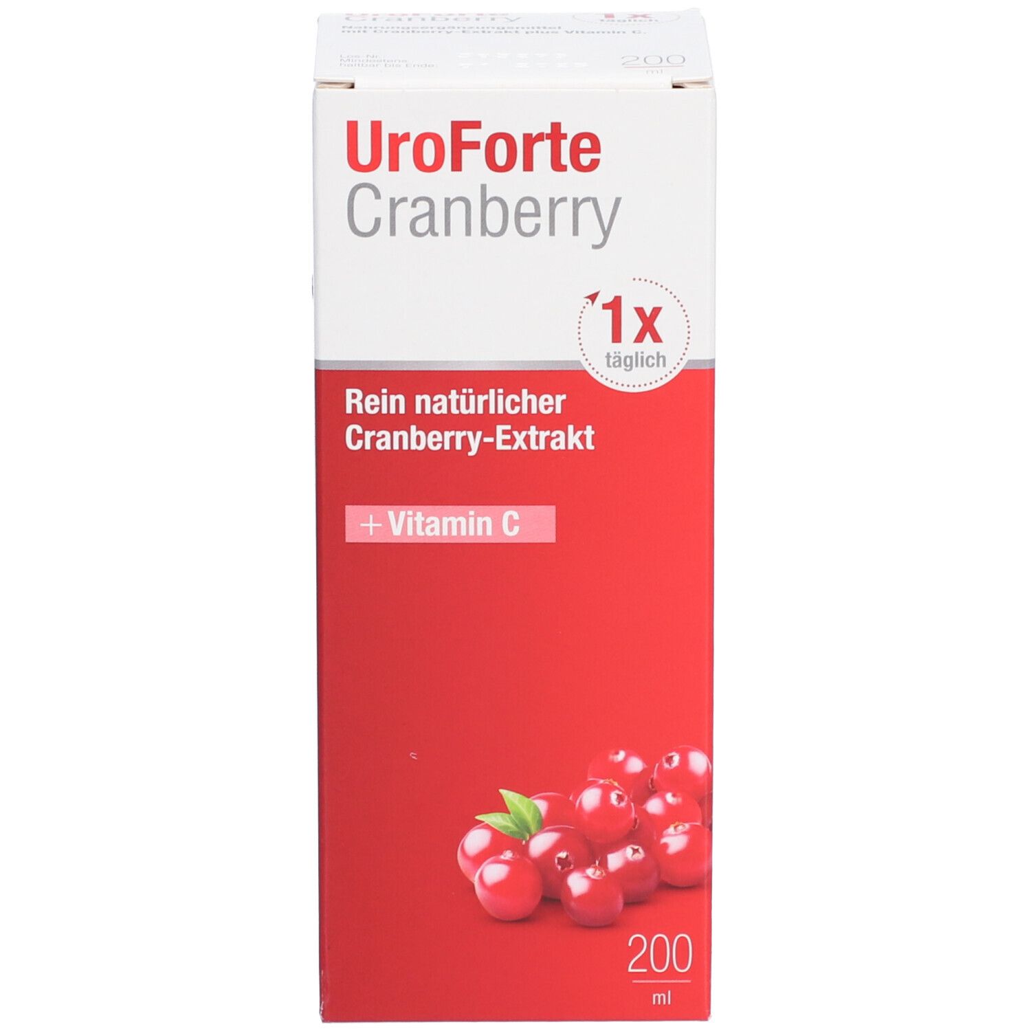 Verpackung mit Produktnamen, Cranberry-Abbildung und Inhaltsangaben. 200 ml.