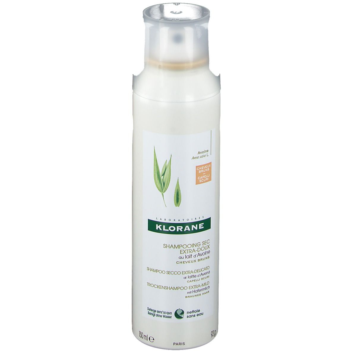 Weißes Spray mit transparentem Deckel. Aufschrift: Klorane, Trockenshampoo mit Hafermilch. Abbildung von Haferblättern.