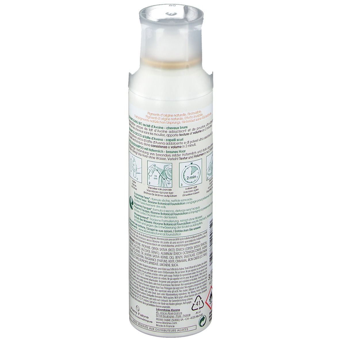 Rückseite einer weißen Sprayflasche. Text in mehreren Sprachen. Illustrationen zur Anwendung. Warnhinweise und Recycling-Symbol.
