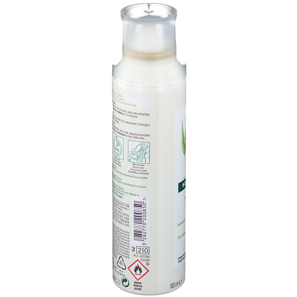Rückseite einer weißen Sprayflasche. Text in mehreren Sprachen. Illustrationen zur Anwendung. Warnhinweise und Recycling-Symbol.