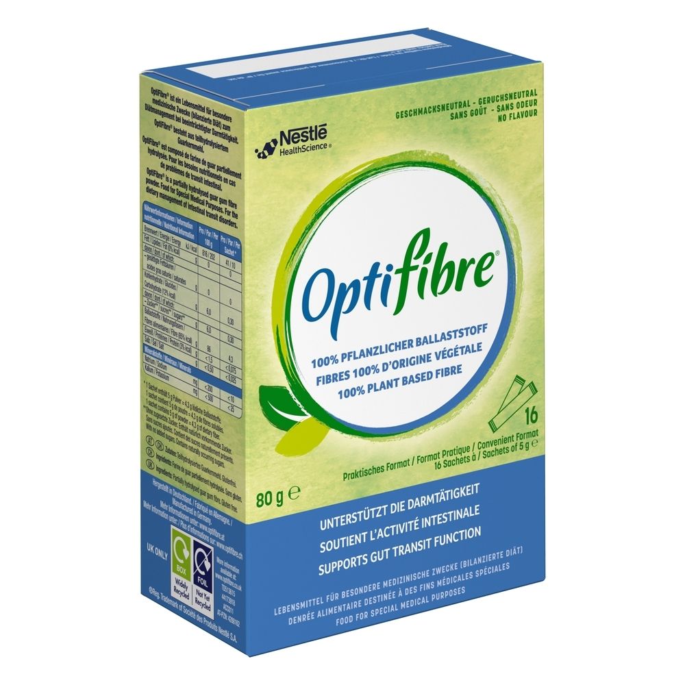 OptiFibre®-Packung. Grün-weißes Design mit Logo und Produktinformationen. Enthält 16 Beutel. Unterstützt die Darmtätigkeit.