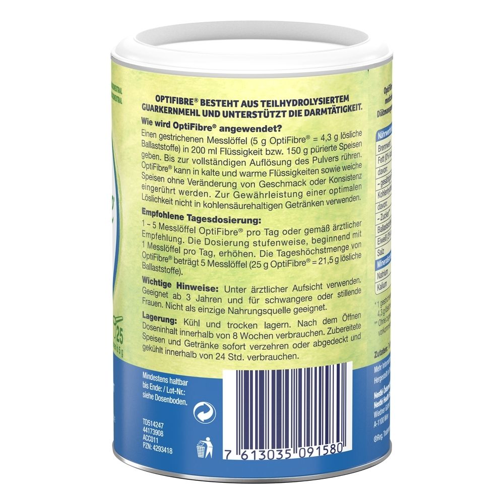 Rückseite der OptiFibre Dose. Gebrauchsanweisung und Dosierung. Text in deutscher Sprache.