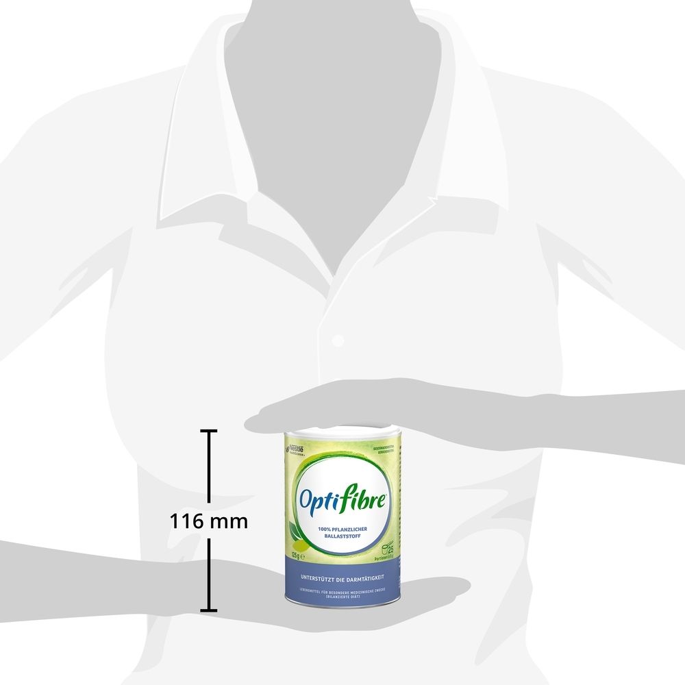 Person hält OptiFibre Dose. Höhe ca. 116 mm. Dose mit grün-weißem Design.