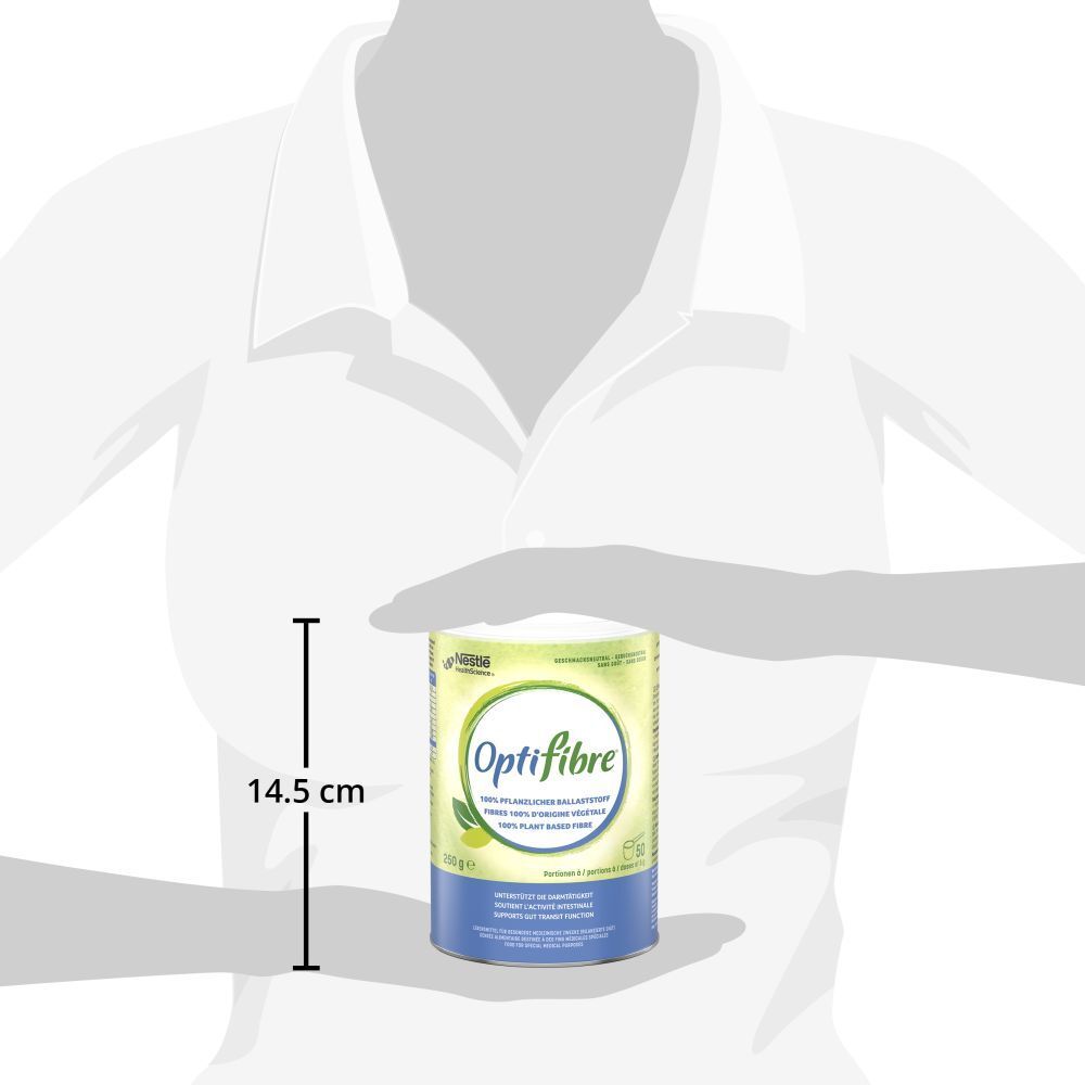 Person hält OptiFibre Dose. Höhe ca. 14,5 cm. Dose mit grün-weißem Design.