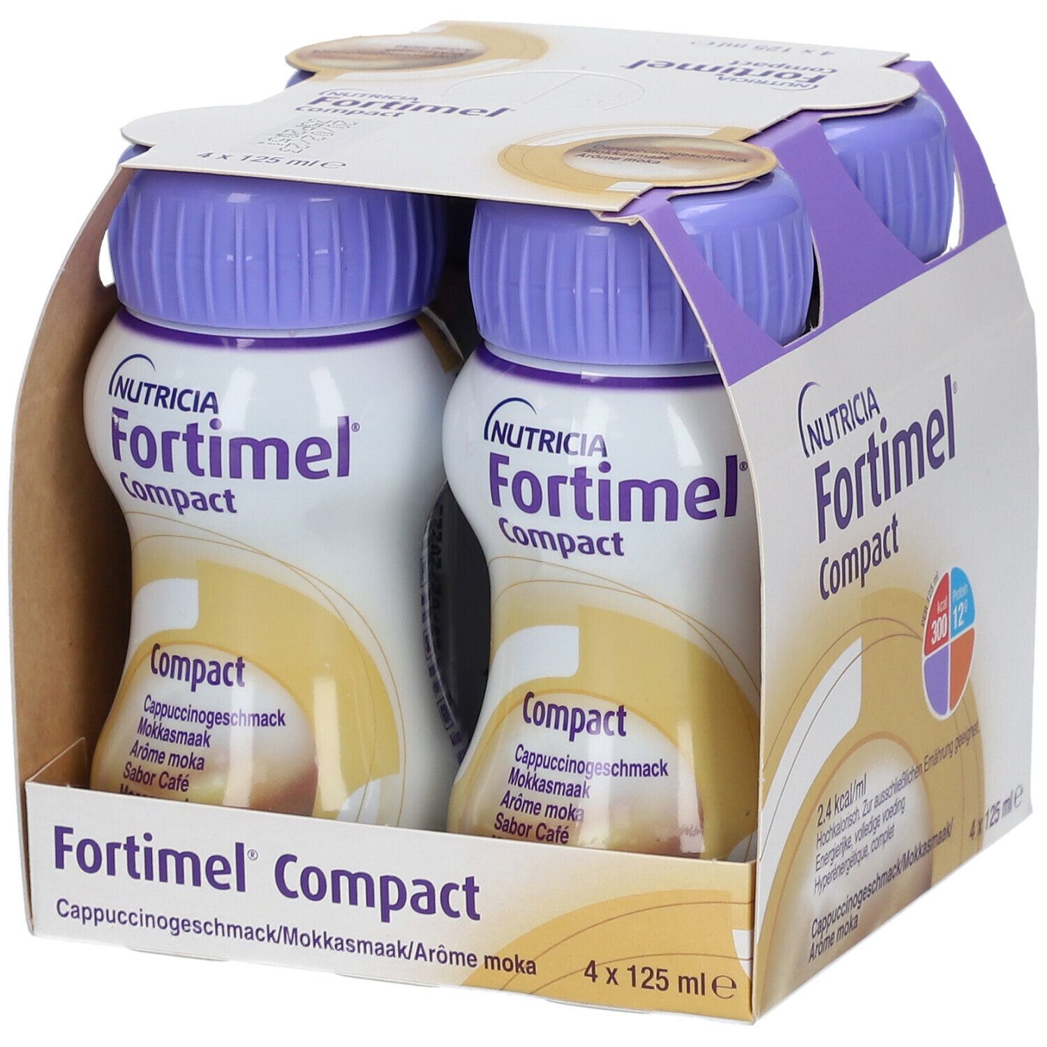 Packung mit vier Flaschen Fortimel Compact. Lila Deckel, weißes Etikett mit Produktnamen und Cappuccinogeschmack.