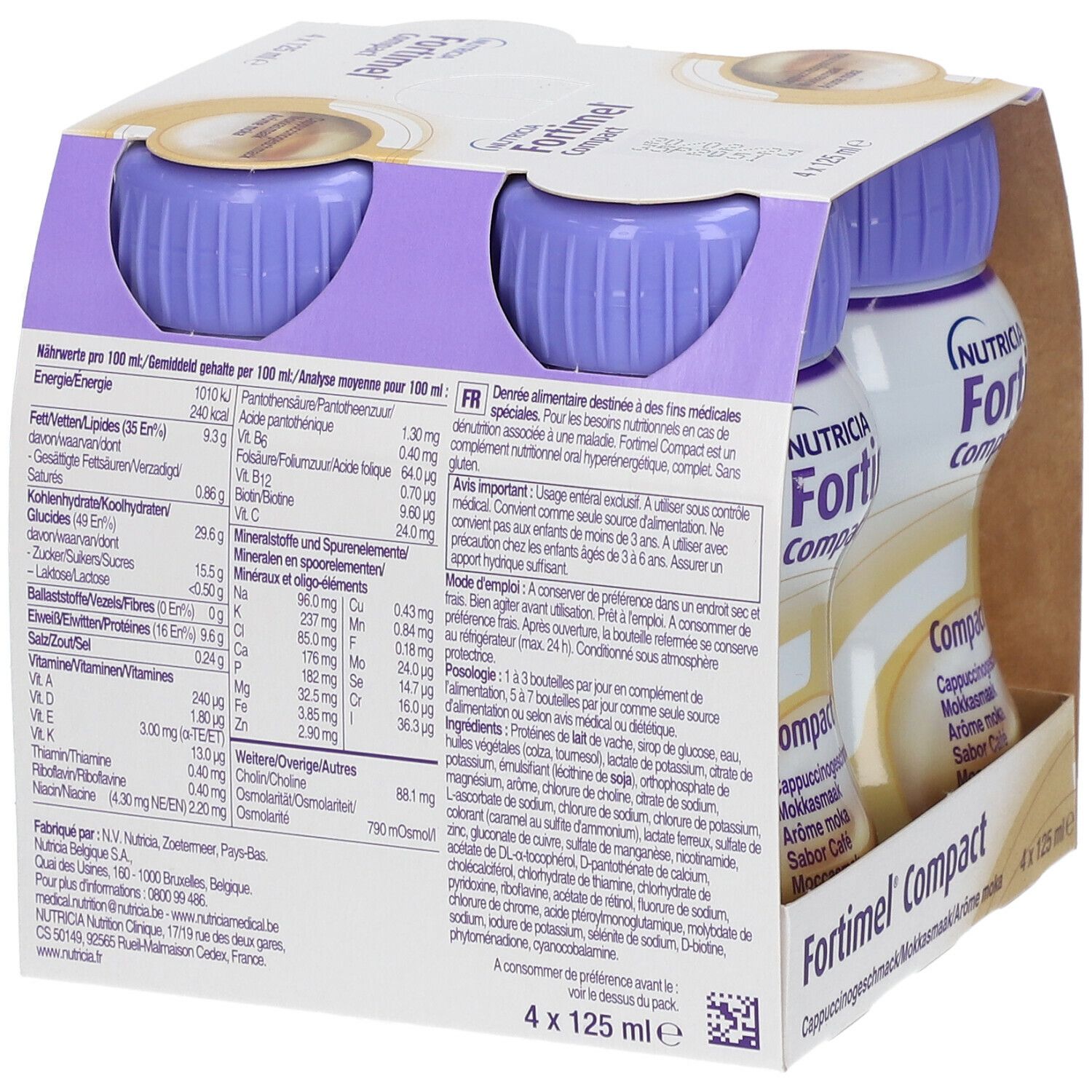 Rückseite der Packung mit vier Flaschen Fortimel Compact. Nährwertangaben und Produktinformationen.