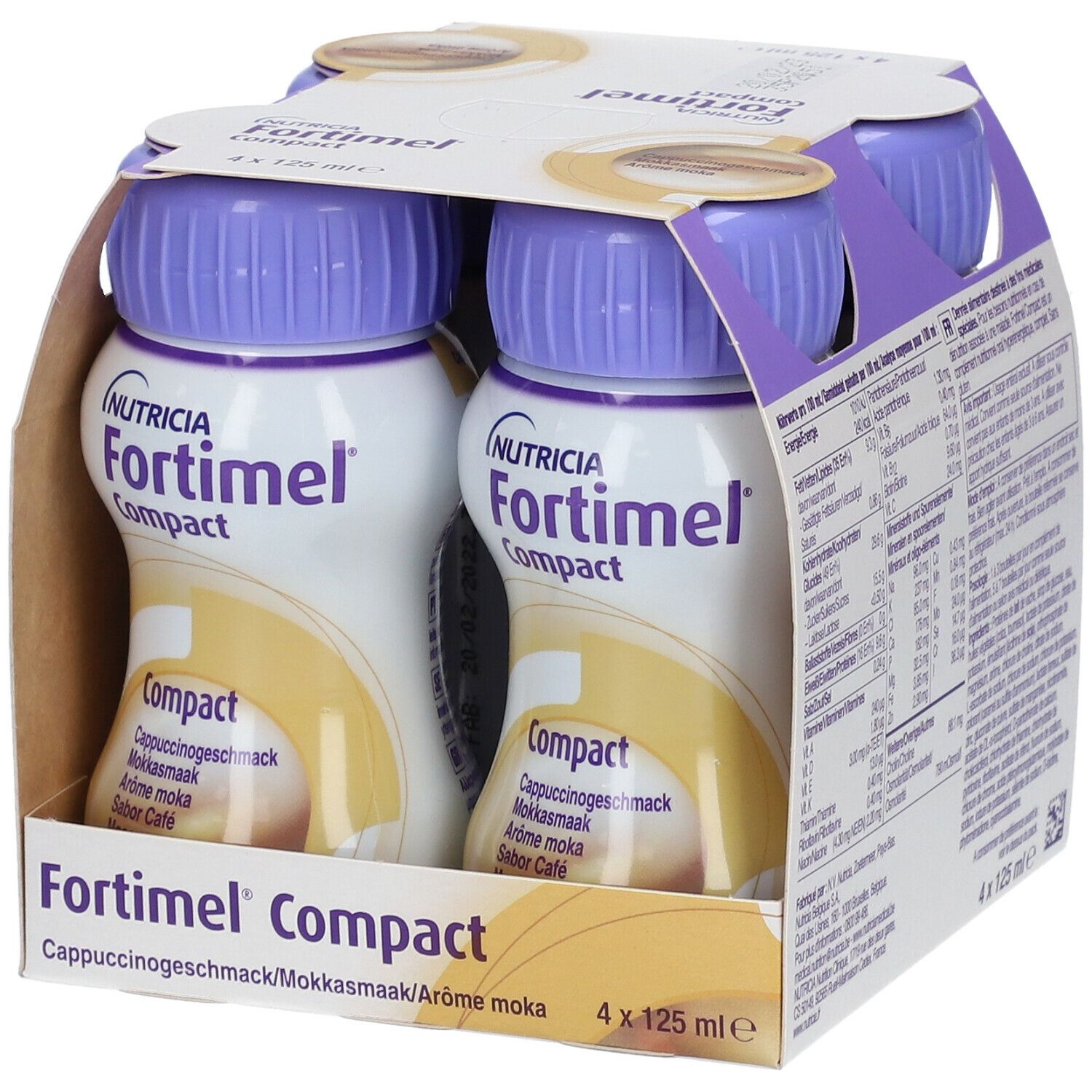 Packung mit vier Flaschen Fortimel Compact. Lila Deckel, weißes Etikett mit Produktnamen und Cappuccinogeschmack.