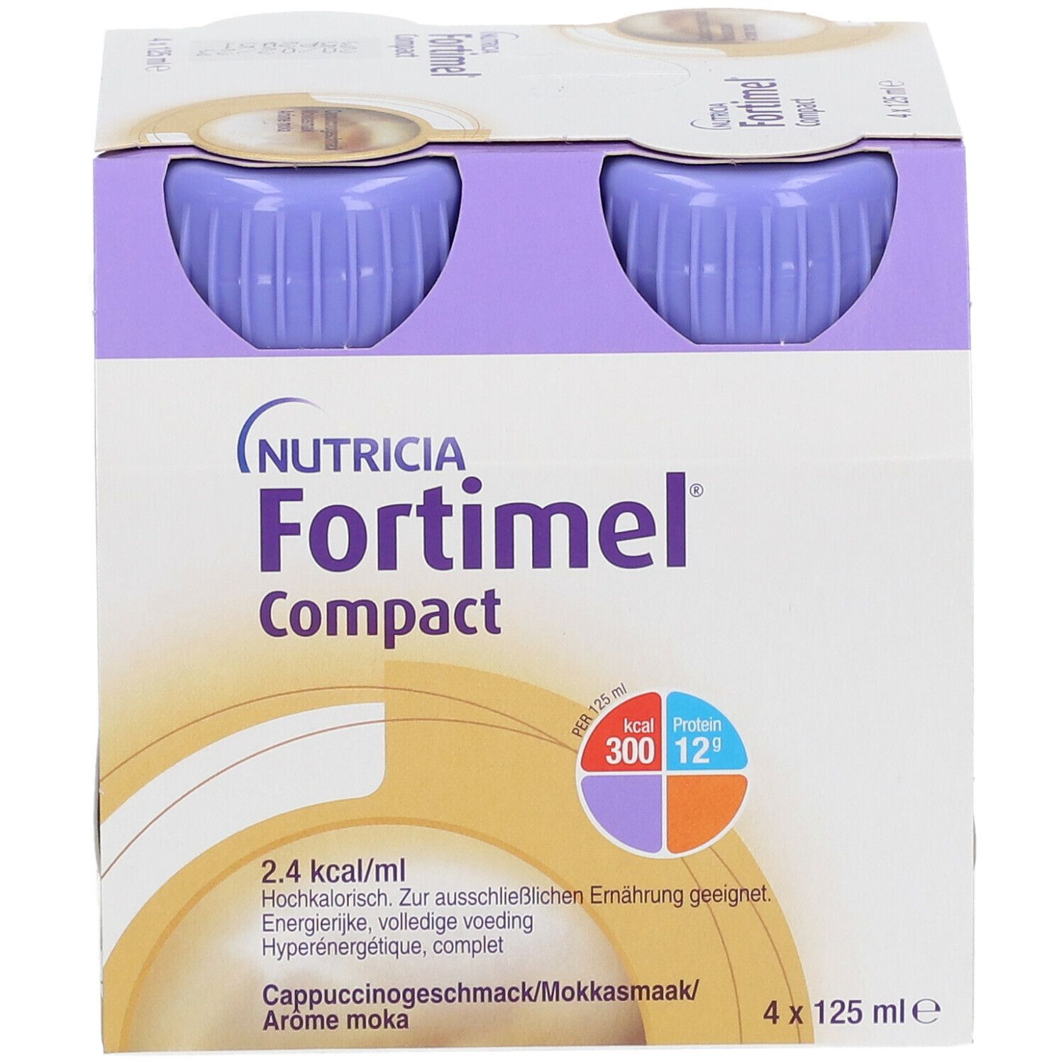 Zwei Flaschen Fortimel Compact. Lila Deckel, weißes Etikett mit Produktnamen und Cappuccinogeschmack. 4 x 125 ml.