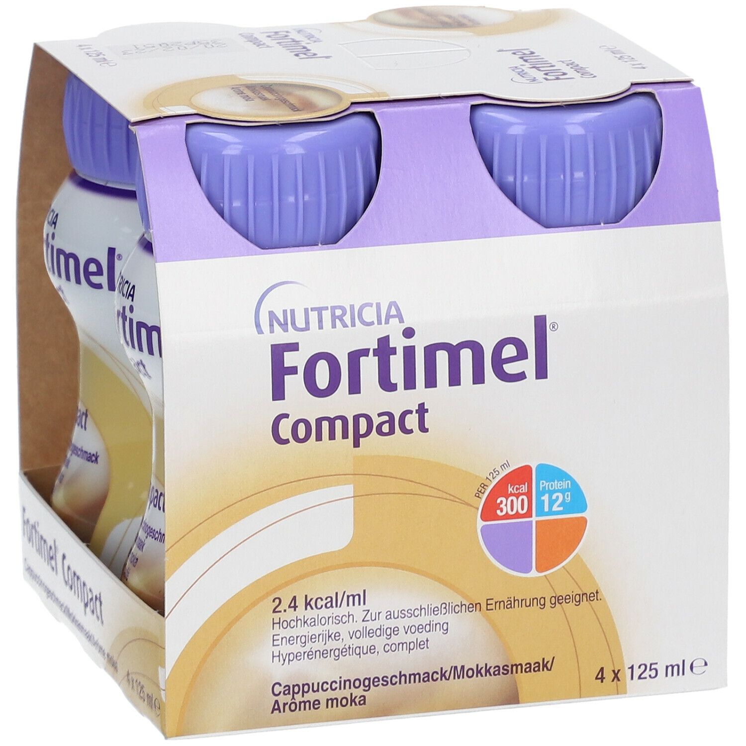 Packung mit vier Flaschen Fortimel Compact. Lila Deckel, weißes Etikett mit Produktnamen und Cappuccinogeschmack.