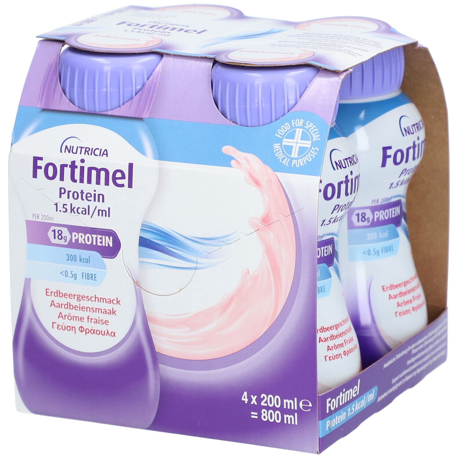 Packung mit vier Flaschen Fortimel Extra Erdbeere. Jede Flasche hat einen lila Deckel und enthält 200 ml.
