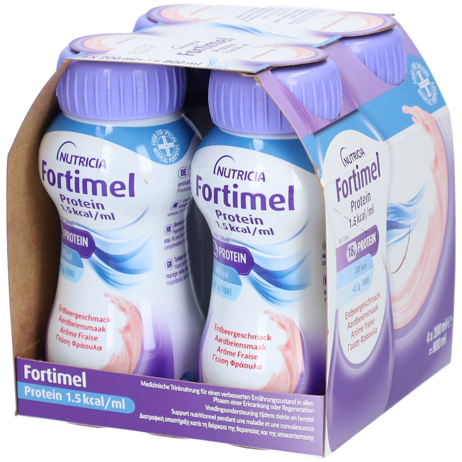 Packung mit vier Flaschen Fortimel Extra Erdbeere. Die Flaschen sind in einer Pappverpackung angeordnet.