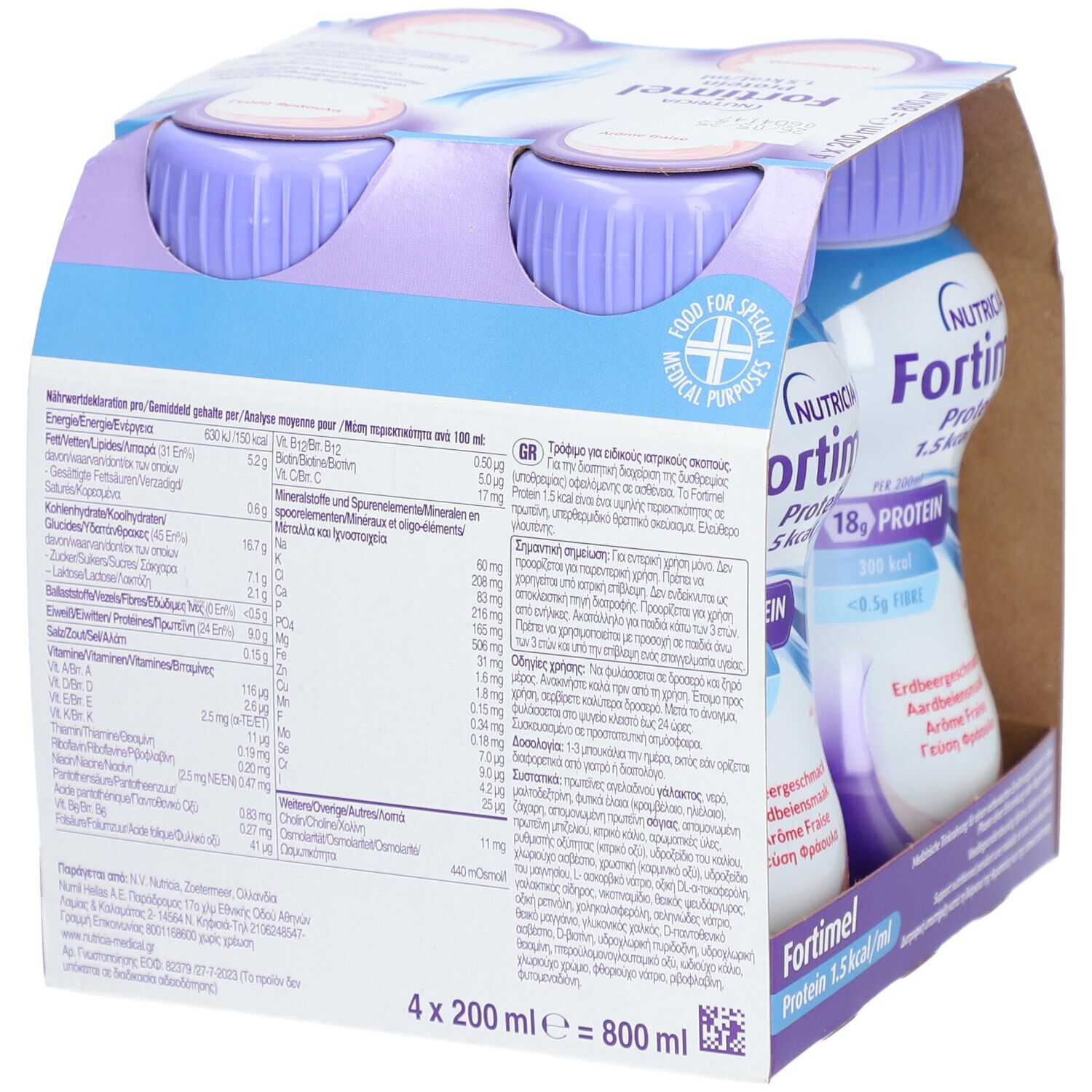 Rückseite der Verpackung von Fortimel Extra Erdbeere. Enthält Nährwertangaben und Informationen.