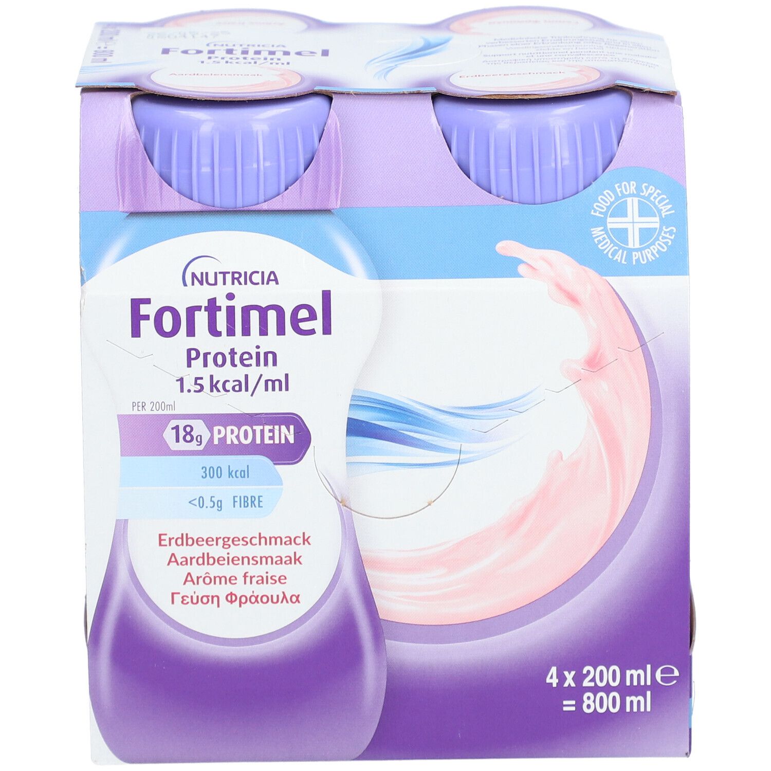 Eine einzelne Flasche Fortimel Extra Erdbeere mit lila Deckel. Enthält 200 ml.