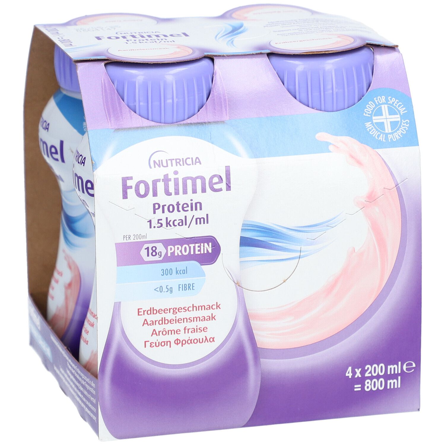 Packung mit vier Flaschen Fortimel Extra Erdbeere. Jede Flasche hat einen lila Deckel und enthält 200 ml.