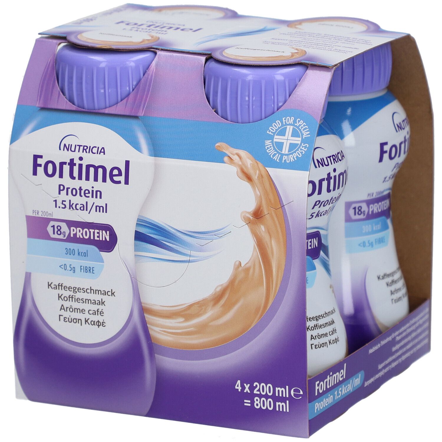Packung mit vier Flaschen Fortimel Protein 1.5 kcal Kaffee. Lila Deckel, weißes Etikett mit Produktinformationen.