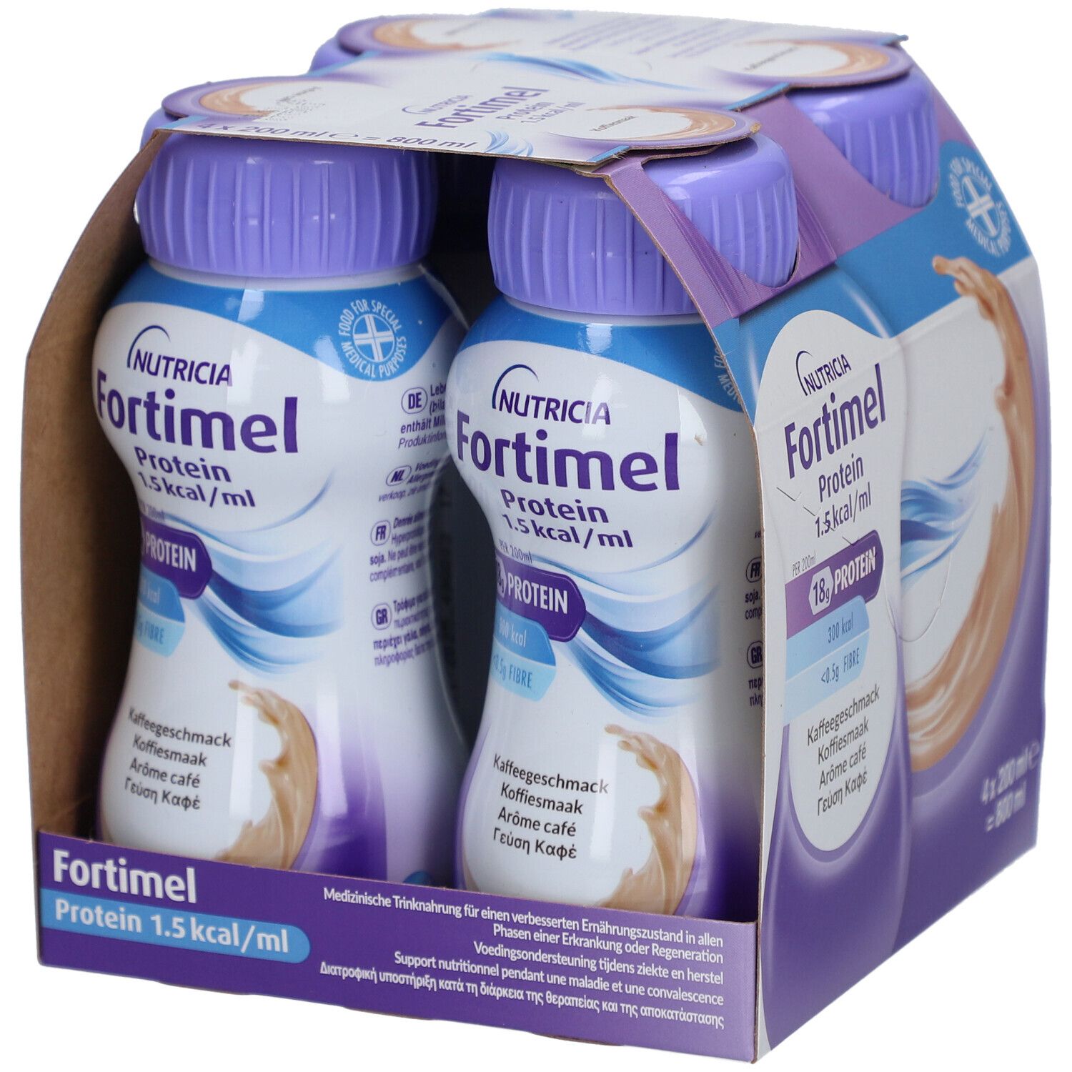 Packung mit vier Flaschen Fortimel Protein 1.5 kcal Kaffee. Produktinformationen auf weißem Etikett, lila Deckel.