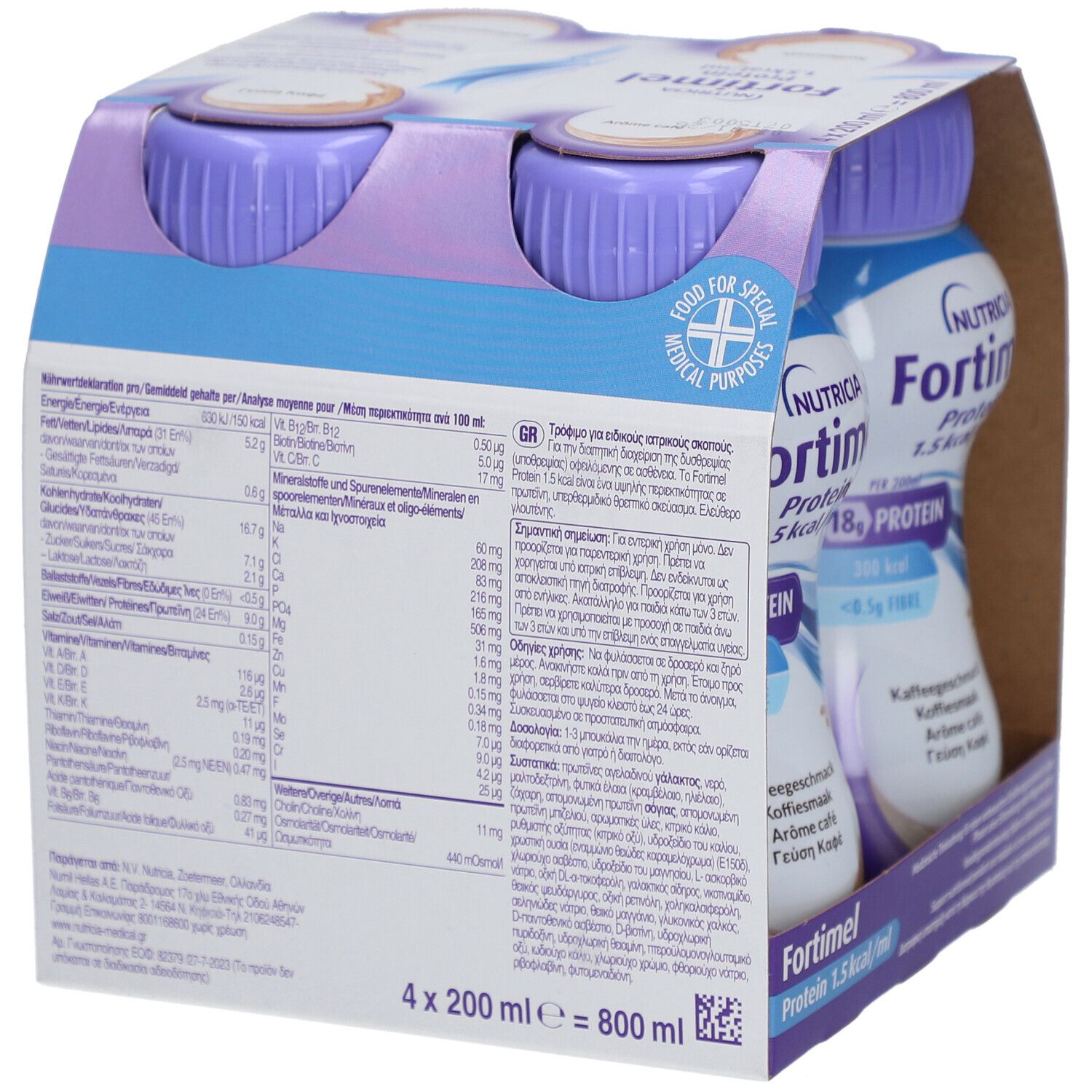 Packung mit vier Flaschen Fortimel Protein 1.5 kcal Kaffee. Rückseite mit Nährwertangaben und Inhaltsstoffen.