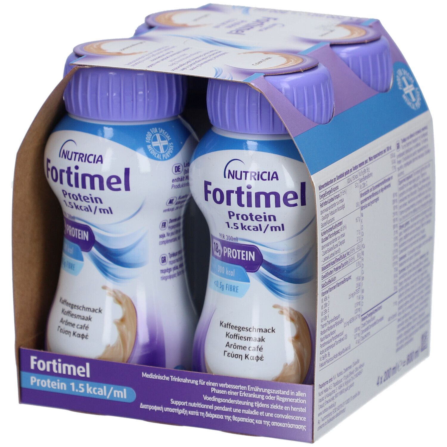 Packung mit vier Flaschen Fortimel Protein 1.5 kcal Kaffee. Produktinformationen auf weißem Etikett.