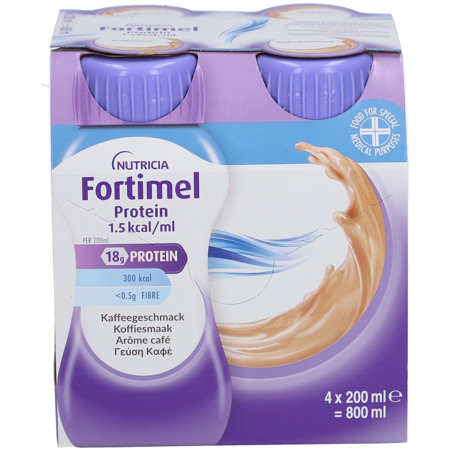 Einzelne Flasche Fortimel Protein 1.5 kcal Kaffee. Lila Deckel, weißes Etikett mit Produktinformationen.