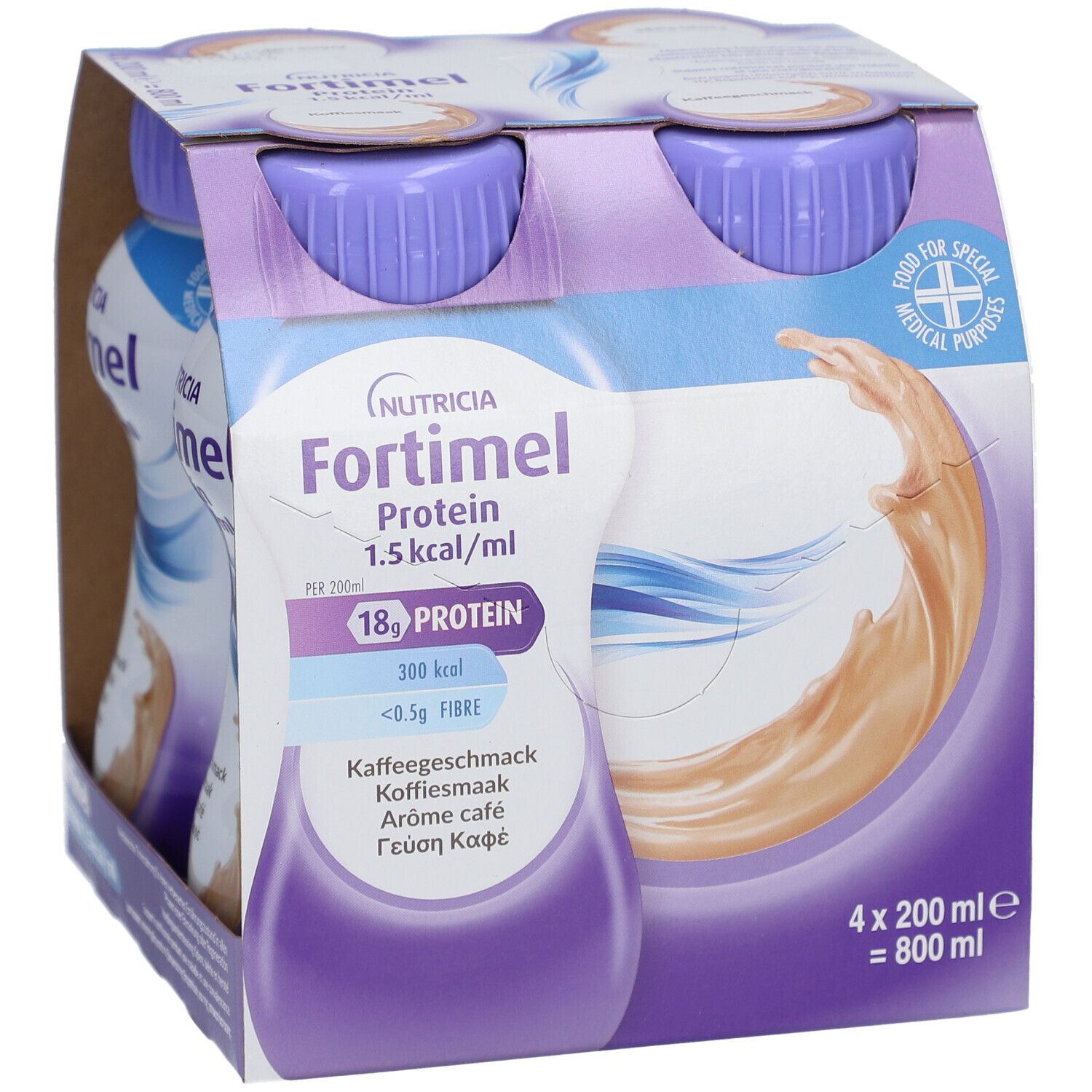 Einzelne Flasche Fortimel Protein 1.5 kcal Kaffee. Lila Deckel, weißes Etikett mit Produktinformationen.