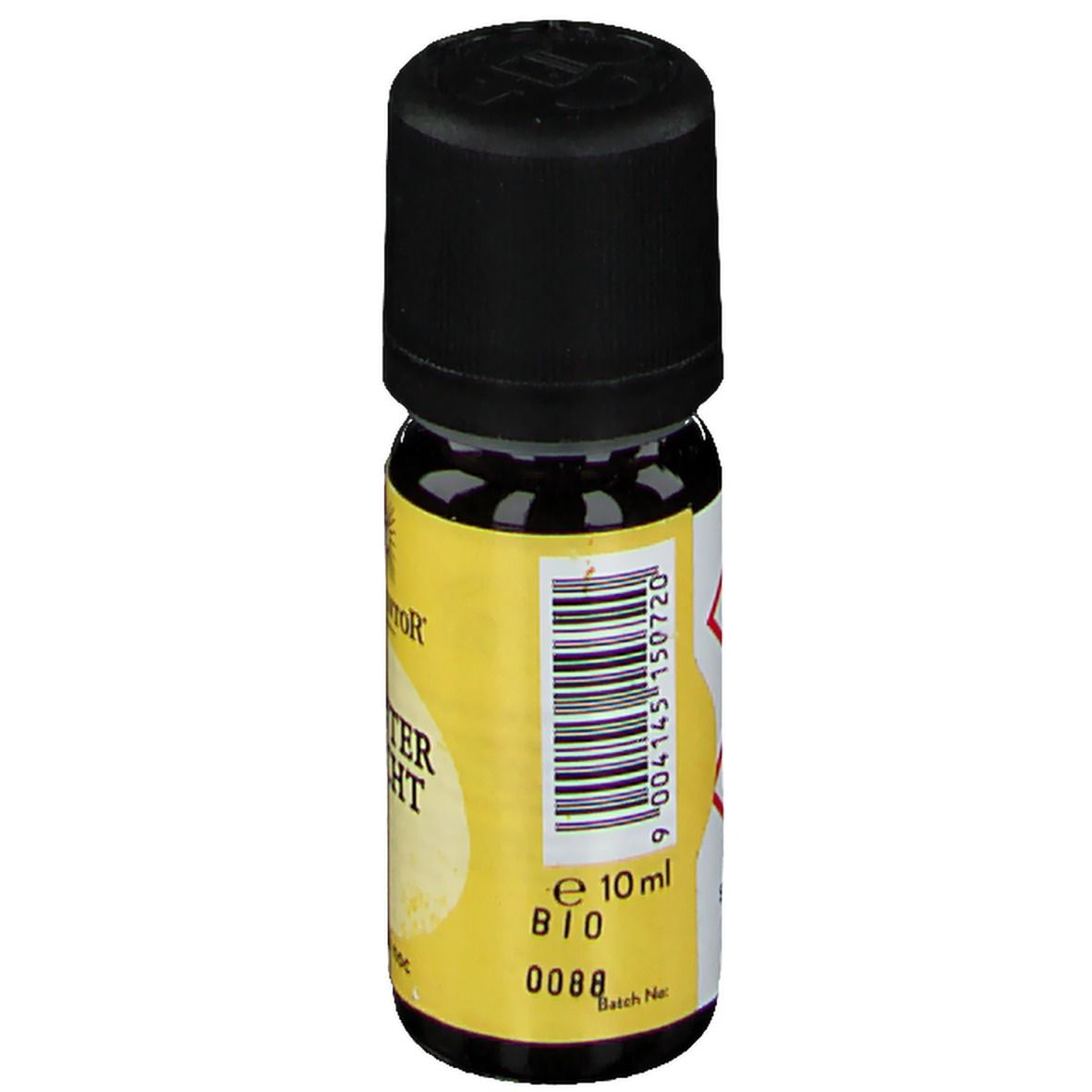 Braune Glasflasche mit schwarzem Deckel. Gelbes Etikett mit Barcode, 10 ml, Bio-Siegel und Chargennummer.