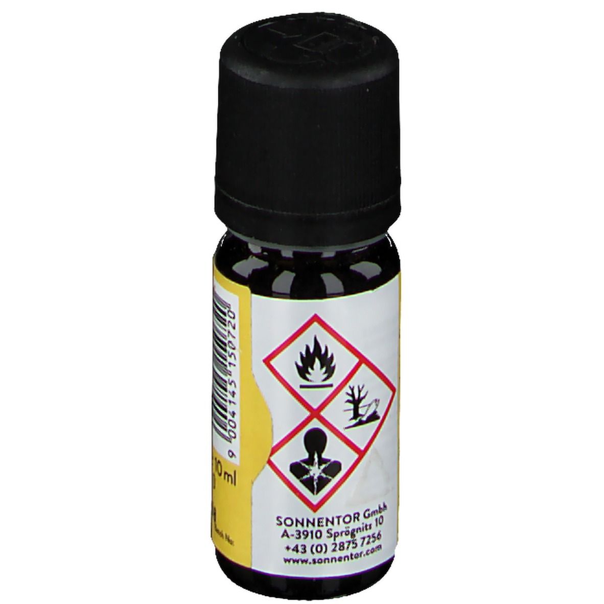 Braune Glasflasche mit schwarzem Deckel. Gelbes Etikett mit Gefahrensymbolen: Flamme, Umwelt, Gesundheitsgefahr.